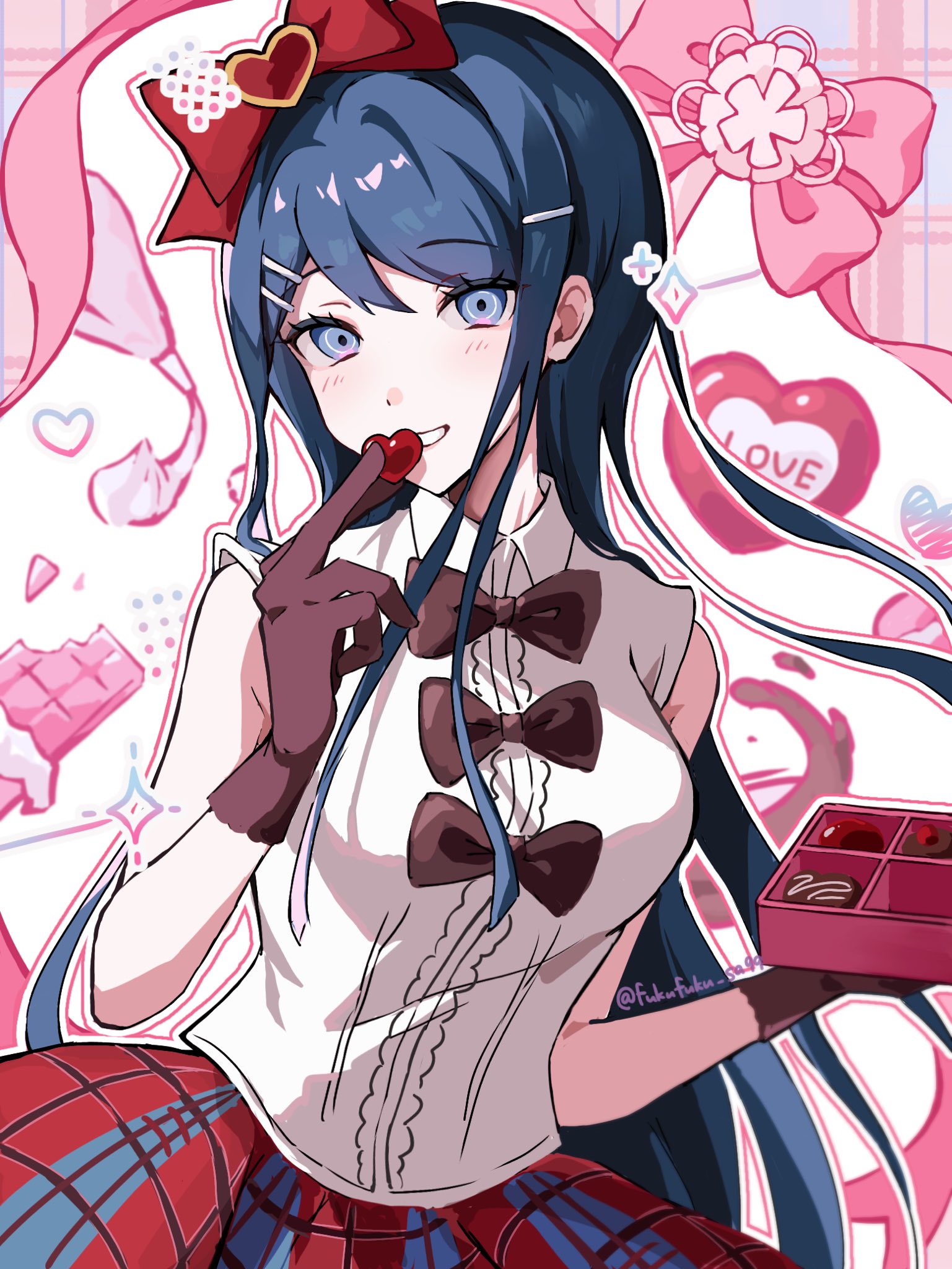 fuku sa, maizono sayaka, danganronpa: trigger happy havoc, danganronpa (series), commentary, highres, symbol-only commentary, 1girl, blue eyes, blue hair, bow, box, box of chocolates, candy, center frills, chocolate, chocolate bar, chocolate heart, collared shirt, food, frills, gloves, grin, hair bow, hair ornament, hairclip, heart, heart-shaped food, holding, holding food, long hair, looking at viewer, plaid clothes, plaid skirt, shirt, skirt, sleeveless, sleeveless shirt, smile, solo, very long hair