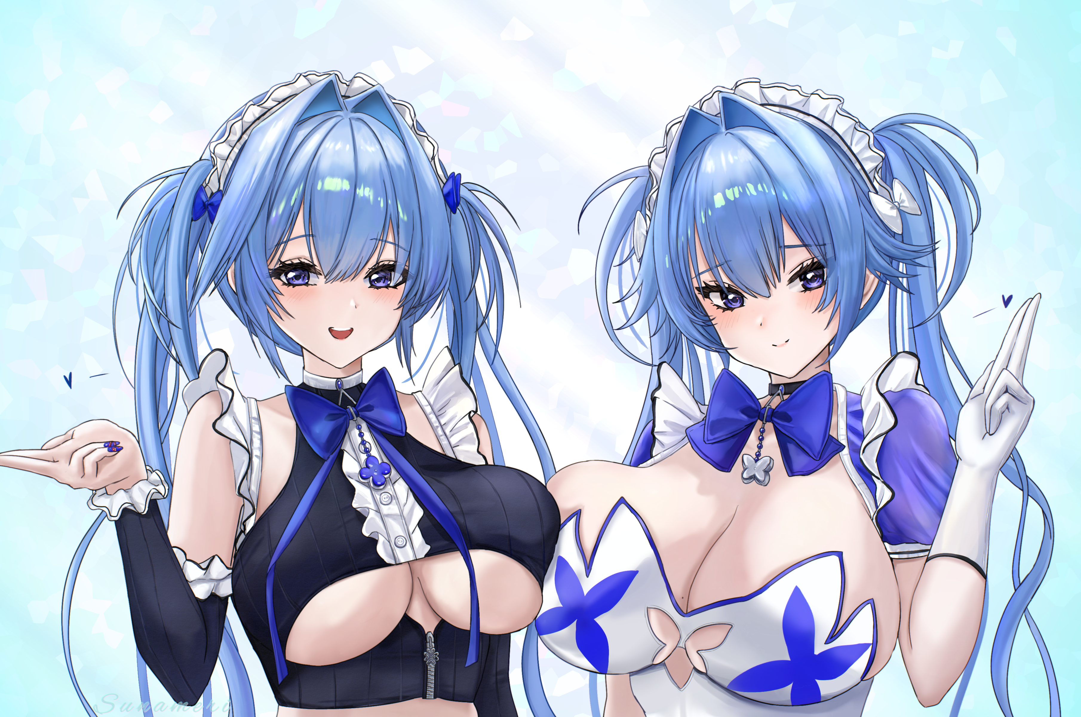 sunameri (pixiv3564245), gretel (nikke), hansel (granblue fantasy), goddess of victory: nikke, absurdres, commentary request, highres, 2girls, blue eyes, blue hair, blue nails, breasts, cleavage, crop top, dress, gloves, large breasts, long hair, looking at viewer, maid, maid headdress, multiple girls, siblings, sisters, smile, twintails, underboob, upper body, very long hair, white dress, white gloves