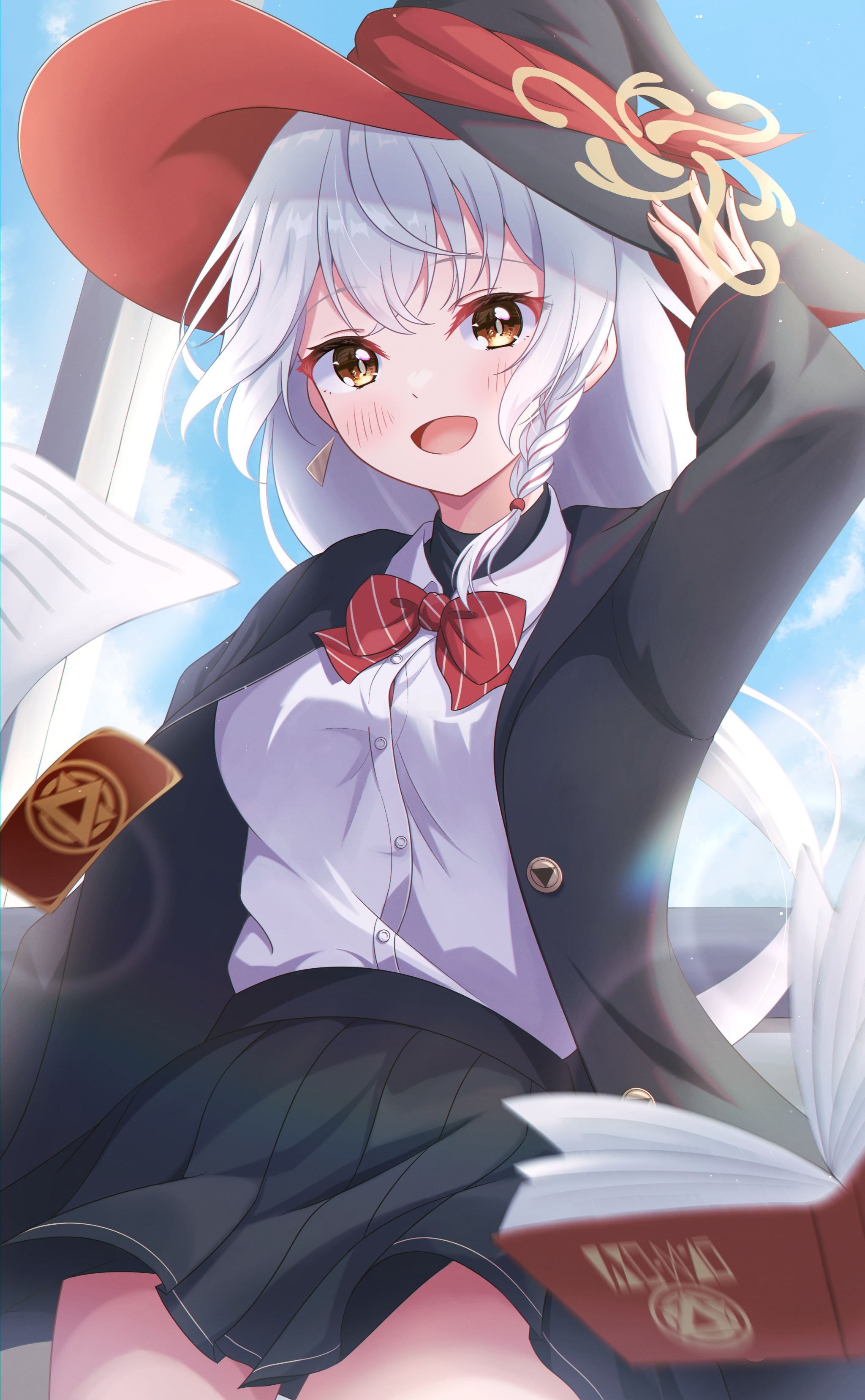 sa07 drawing, eri (blue archive), blue archive, absurdres, highres, 1girl, arm up, black hat, black jacket, black skirt, blush, book, bow, bowtie, braid, breasts, card, collared shirt, diagonal-striped bow, diagonal-striped bowtie, diagonal-striped clothes, hair between eyes, hat, jacket, long hair, long sleeves, looking at viewer, medium breasts, open clothes, open jacket, open mouth, paper, red bow, shirt, side braid, single braid, skirt, smile, solo, striped bow, striped bowtie, striped clothes, very long hair, white hair, white shirt, witch hat, yellow eyes