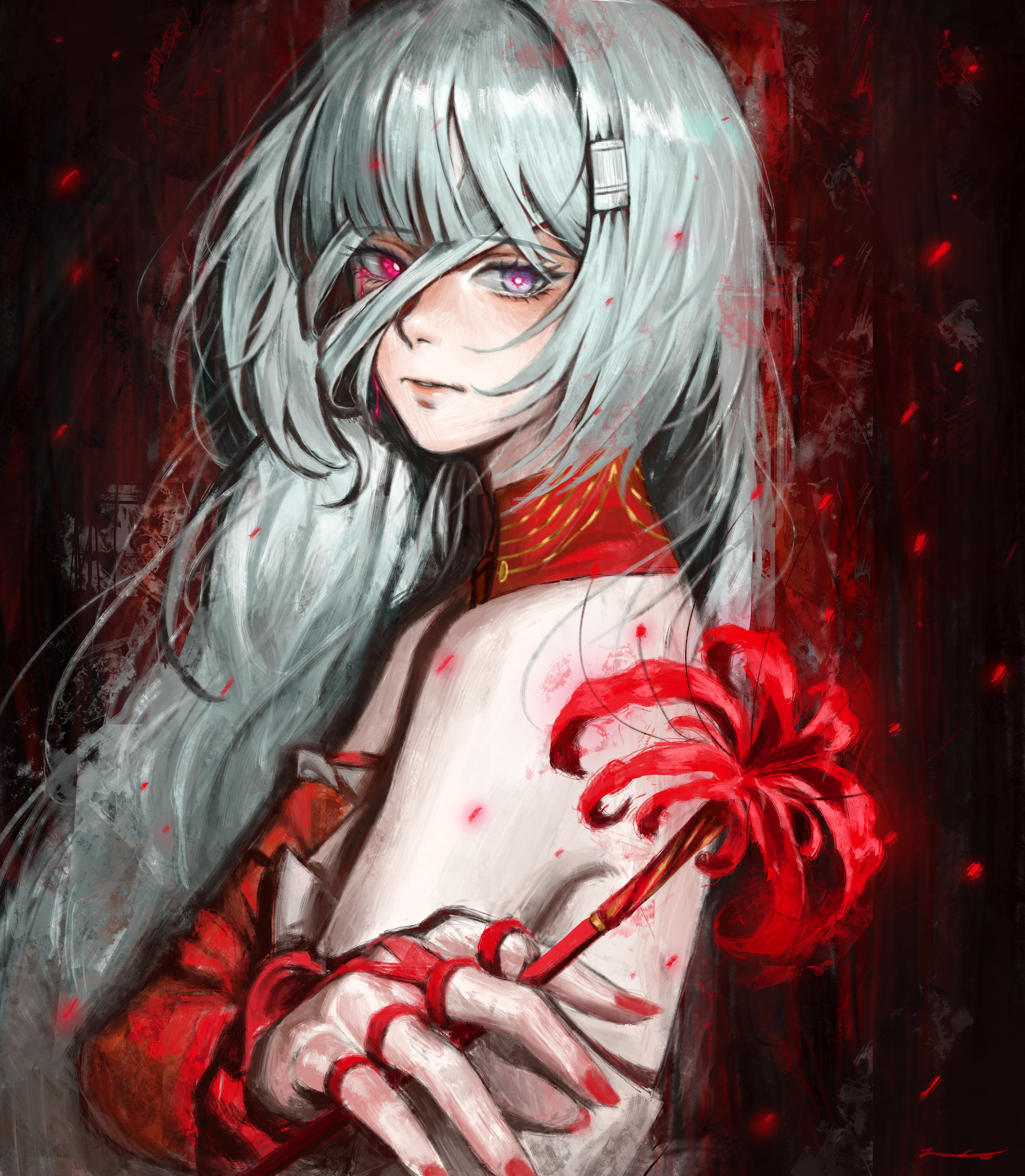 zipuragi, phrolova (wuthering waves), wuthering waves, absurdres, commentary request, highres, partial commentary, 1girl, bare shoulders, collar, fingernails, flower, from side, grey eyes, grey hair, heterochromia, holding, holding flower, long hair, looking at viewer, looking to the side, loose bandages, parted lips, red collar, red eyes, red nails, red pupils, red sleeves, signature, single sleeve, solo, spider lily