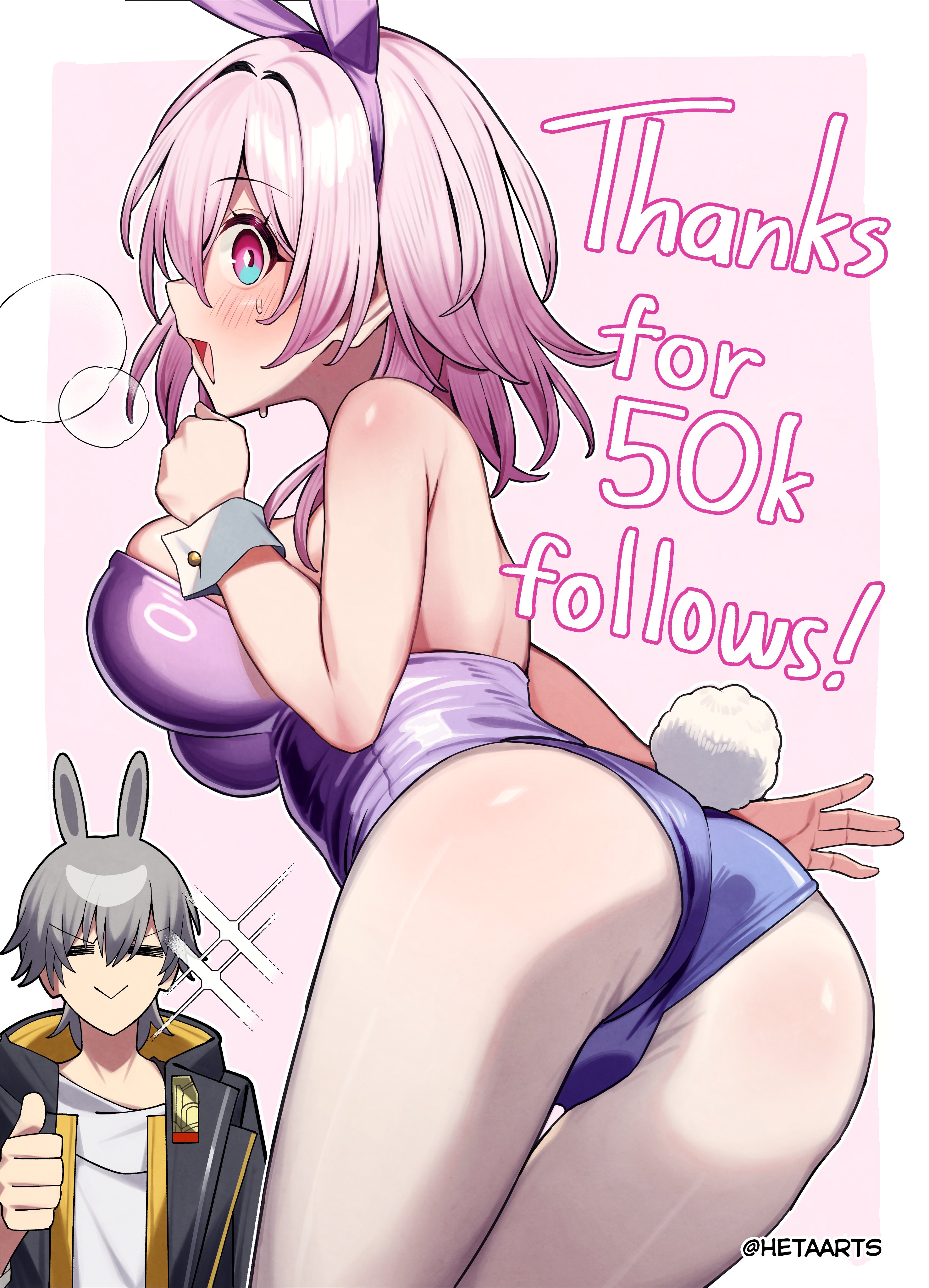 heta, caelus (honkai: star rail), march 7th (honkai: star rail), trailblazer (honkai: star rail), honkai: star rail, honkai (series), absurdres, commentary, english commentary, highres, >:), 1boy, 1girl, :>, = =, animal ears, ass, black coat, blush, breasts, coat, fake animal ears, grey hair, kemonomimi mode, large breasts, leotard, milestone celebration, multicolored eyes, open mouth, pantyhose, pink hair, playboy bunny, purple leotard, rabbit boy, rabbit ears, shirt, smile, thumbs up, twitter username, two-tone eyes, v-shaped eyebrows, white pantyhose, white shirt, wrist cuffs