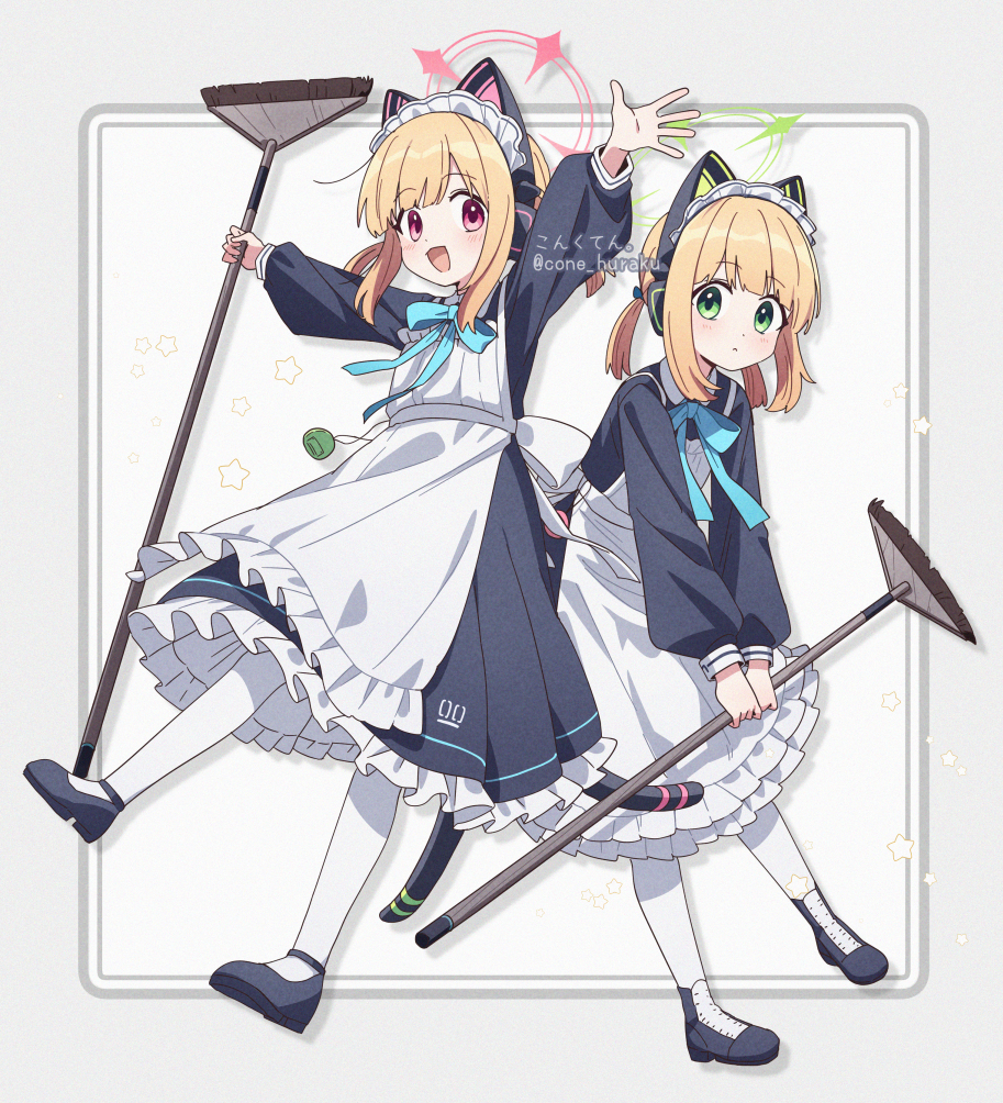 corn kuten, midori (blue archive), midori (maid) (blue archive), momoi (blue archive), momoi (maid) (blue archive), blue archive, commentary request, 2girls, animal ear headphones, animal ears, apron, black dress, black shoes, blonde hair, blush, closed mouth, dress, fake animal ears, frilled apron, frilled dress, frills, green eyes, green halo, halo, headphones, holding, long sleeves, maid, maid apron, maid headdress, multiple girls, official alternate costume, open mouth, pantyhose, pink halo, red eyes, shoes, short hair, siblings, sisters, smile, twins, twitter username, virtual pet (toy), white apron, white pantyhose