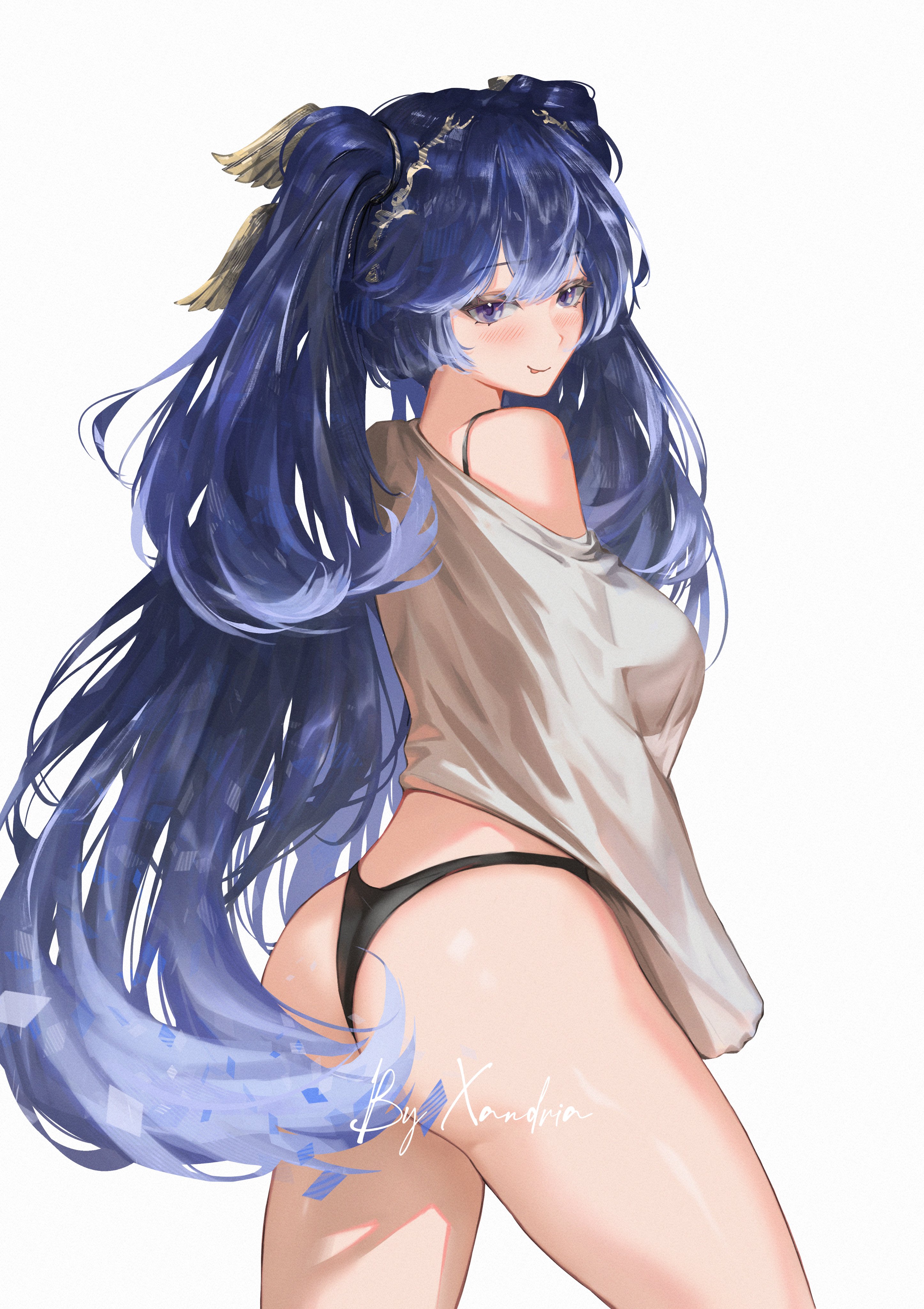 iuno (wuthering waves), wuthering waves, absurdres, highres, 1girl, ass, ass focus, bare shoulders, black panties, blue eyes, blue hair, blush, breasts, closed mouth, from behind, head wreath, large breasts, long hair, looking at viewer, multicolored hair, panties, shirt, signature, simple background, solo, streaked hair, twintails, underwear, very long hair, white background, white shirt, xandria999