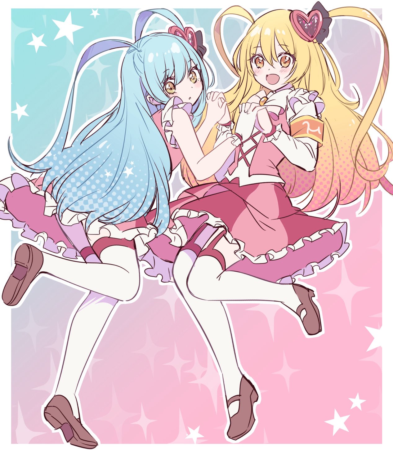 marbornath, don quixote (project moon), queen of hatred, limbus company, lobotomy corporation, project moon, highres, 2girls, :d, armband, blonde hair, blue hair, border, bow, bowtie, brown shoes, e.g.o (project moon), full body, hair ornament, heart, heart hair ornament, in the name of love and hate (e.g.o), long hair, long sleeves, looking at viewer, magical girl, multiple girls, open mouth, orange armband, pink background, pink bow, pink garter straps, pink skirt, pink vest, shoes, simple background, skirt, smile, standing, thighhighs, two side up, vest, white border, white bow, white bowtie, white thighhighs, yellow eyes