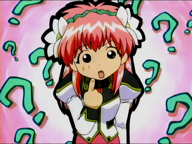 milfeulle sakuraba, galaxy angel, uniform, anime screenshot, 00s, 1girl, :o, ?, black eyes, female focus, finger to mouth, flower, hair flower, hair ornament, hairband, leaning forward, open mouth, pink hair, short hair, simple background, solo, upper body