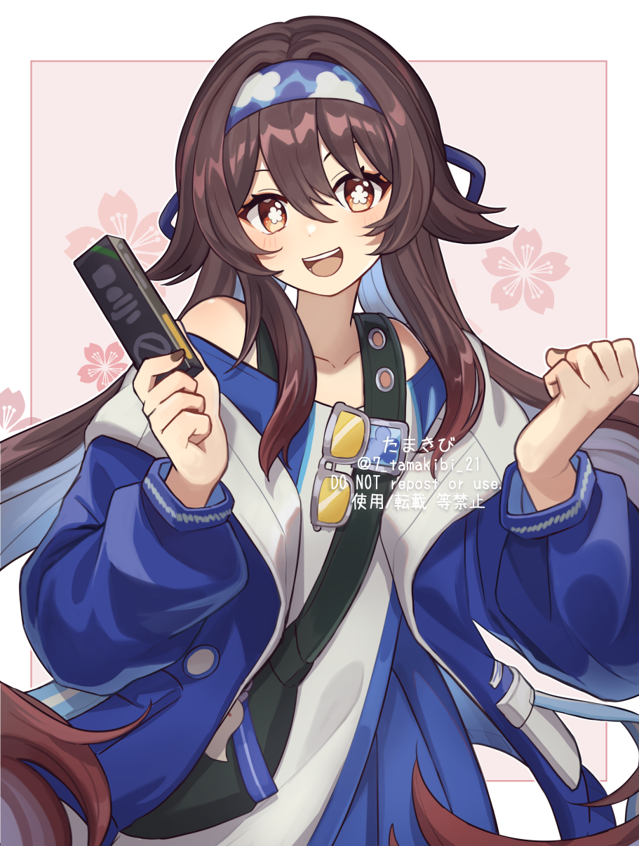 corn kuten, hu tao (genshin impact), hu tao (lawson) (genshin impact), genshin impact, commentary request, highres, 1girl, :d, alternate costume, bare shoulders, blue dress, blush, border, brown eyes, brown hair, collarbone, dress, eyewear hang, flower-shaped pupils, glasses, hair between eyes, long hair, long sleeves, looking at viewer, off-shoulder dress, off shoulder, open mouth, outside border, pink background, smile, solo, symbol-shaped pupils, unworn eyewear, upper body, watermark, white border