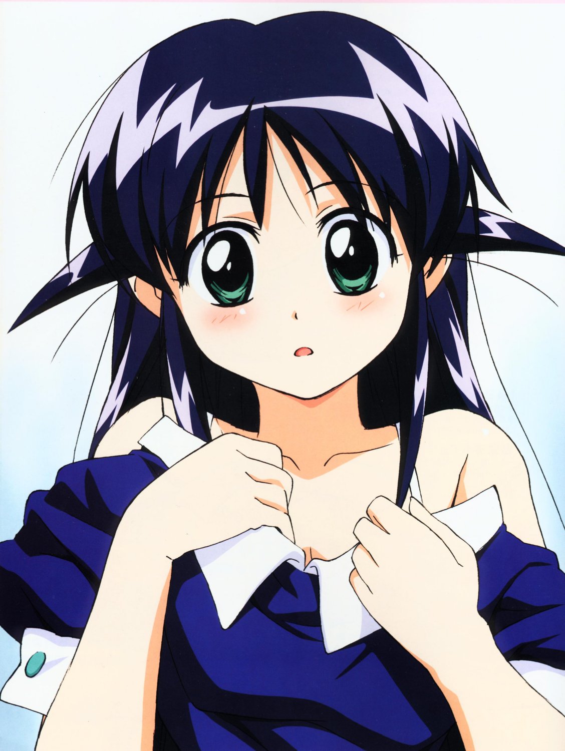 nishigori atsushi, andou mahoro, mahoromatic, highres, 1girl, :o, bare shoulders, black hair, blush, close-up, collar, collarbone, female focus, green eyes, grey background, hair down, head tilt, long hair, looking at viewer, off shoulder, parted lips, simple background, solo, undressing, upper body