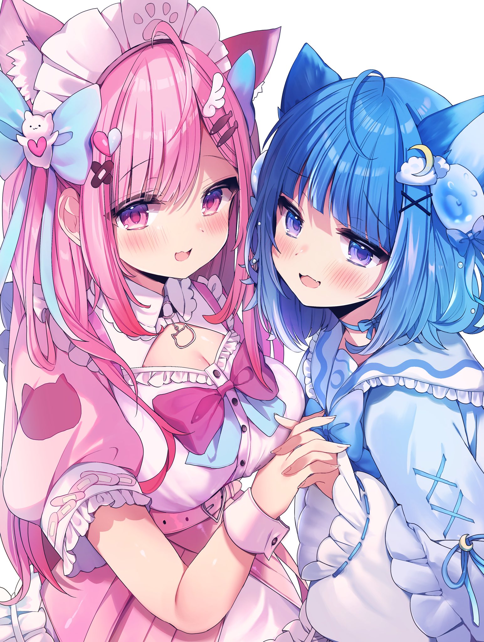 masi masio, kurageu roa, yuuki sakuna, indie virtual youtuber, highres, 2girls, ahoge, animal ear fluff, animal ears, apron, blue bow, blue dress, blue hair, blush, bow, breasts, cat ears, cat girl, cleavage, cloud hair ornament, crescent, crescent hair ornament, dress, fang, fish hair ornament, hair bow, hair ornament, heart, heart hair ornament, large breasts, long hair, long sleeves, looking at viewer, maid, maid apron, maid headdress, multicolored hair, multiple girls, open mouth, pink dress, pink eyes, pink hair, purple eyes, short hair, short sleeves, smile, streaked hair, virtual youtuber, wing hair ornament, wrist cuffs, x hair ornament