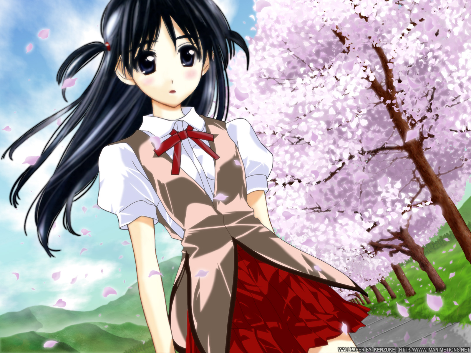 kobayashi jin, tsukamoto tenma, school rumble, highres, 00s, 1girl, cherry blossoms, female focus, short twintails, solo, twintails, two side up