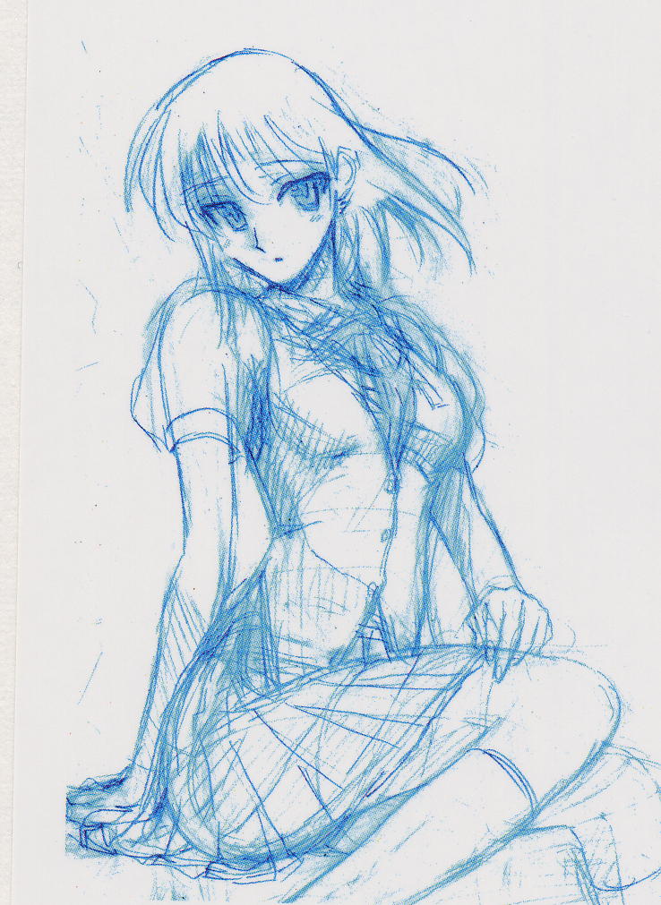tsukamoto yakumo, school rumble, 00s, 1girl, blue theme, female focus, monochrome, sketch, solo