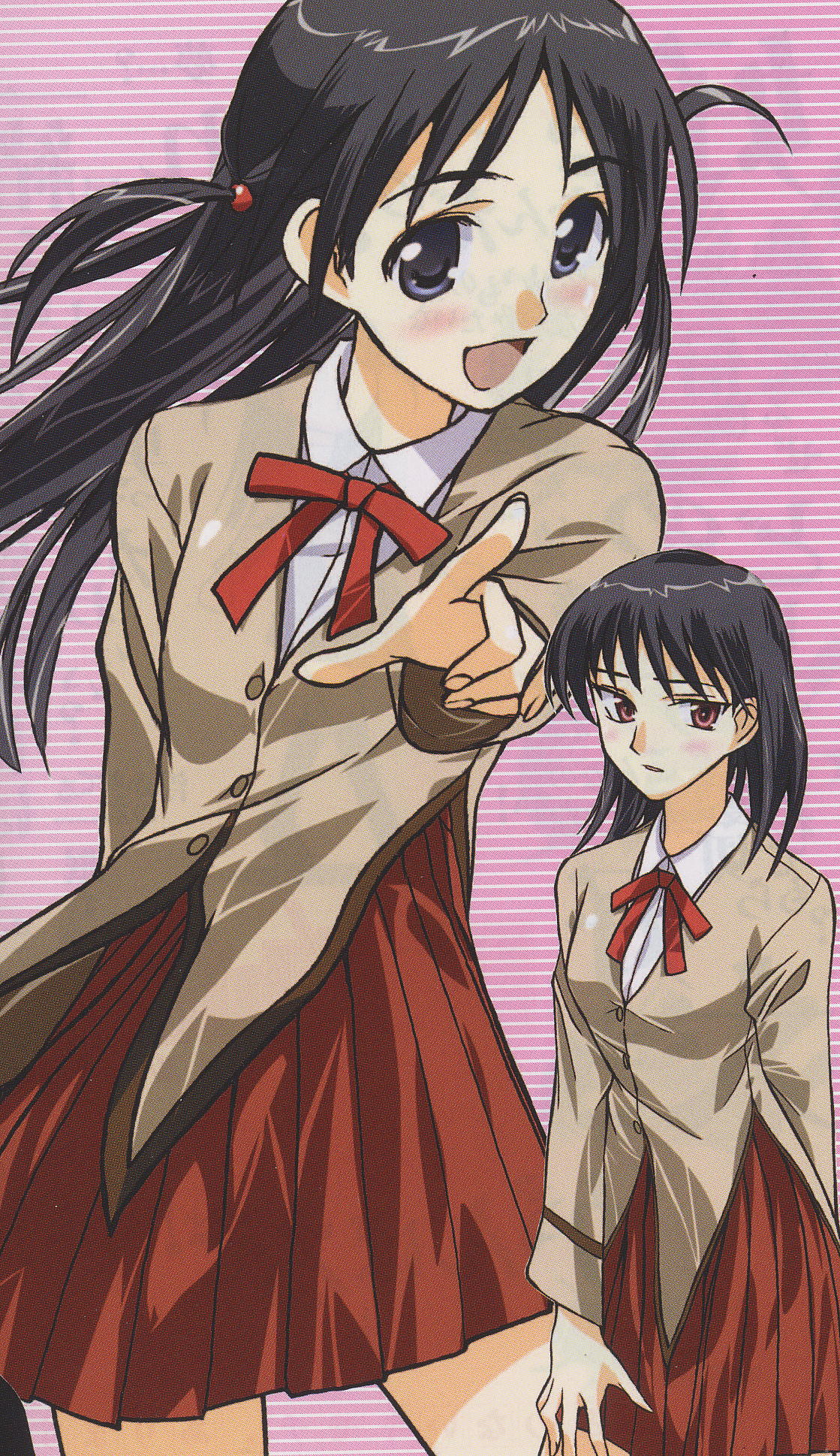 tsukamoto tenma, tsukamoto yakumo, school rumble, highres, scan, 00s, 2girls, black hair, blue eyes, blush, happy, long hair, looking at viewer, multiple girls, pink eyes, pleated skirt, pointing, pointing at viewer, red eyes, school uniform, short hair, short twintails, siblings, sisters, skirt, smile, twintails, two side up