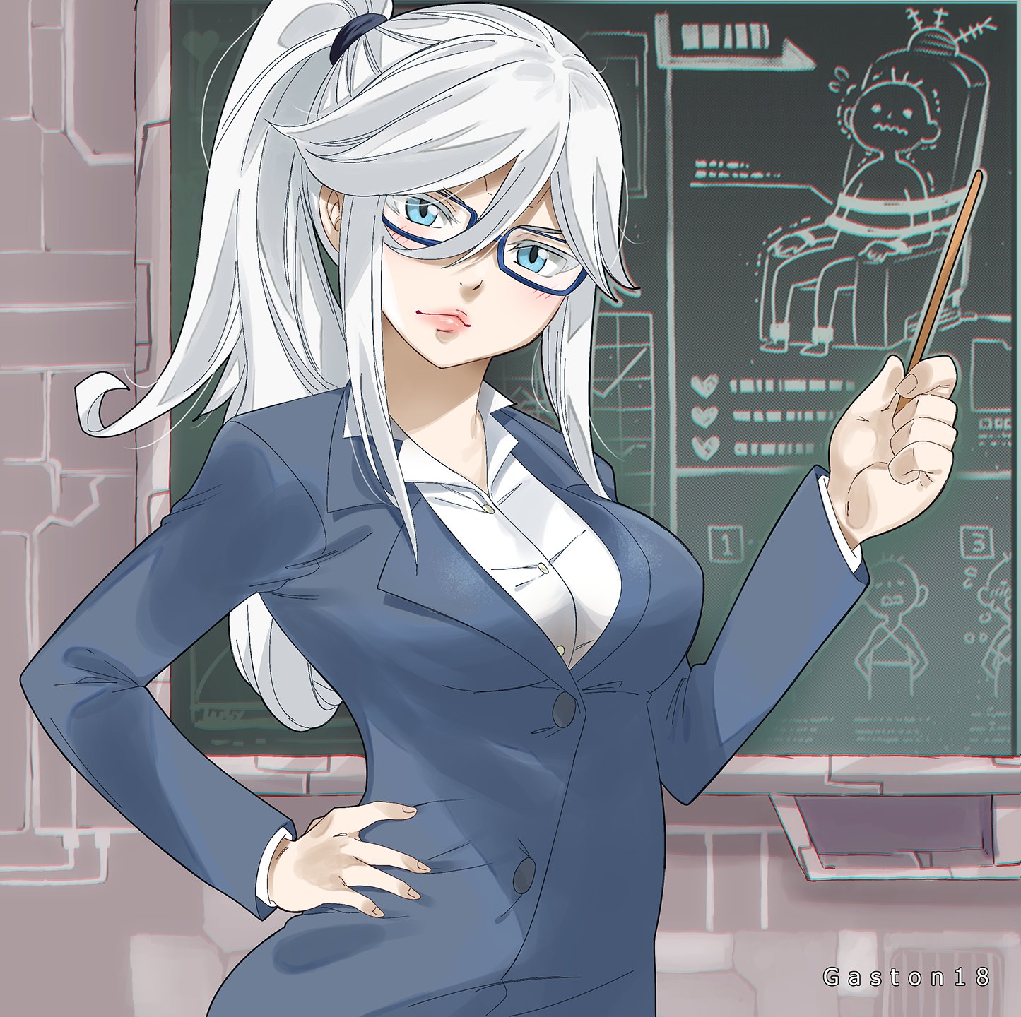 gaston18, sister ivry, eden's zero, highres, 1girl, alternate costume, artist name, black-framed eyewear, blue eyes, blue jacket, chalkboard, glasses, hand on own hip, jacket, long hair, looking at viewer, ponytail, shirt, solo, upper body, white hair, white shirt