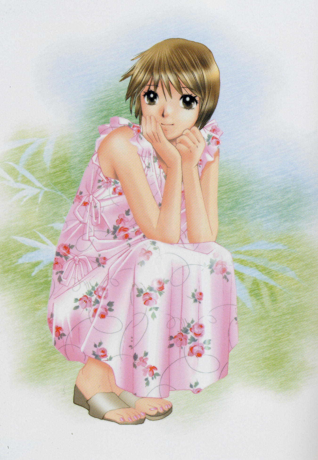 sweet pain little lovers, colored pencil (medium), highres, scan, traditional media, 1girl, barefoot sandals (jewelry), brown hair, comic, dress, female focus, floral print, full body, looking at viewer, nail polish, pink nails, sandals, short hair, simple background, sleeveless, sleeveless dress, smile, solo, squatting, toenail polish, toenails