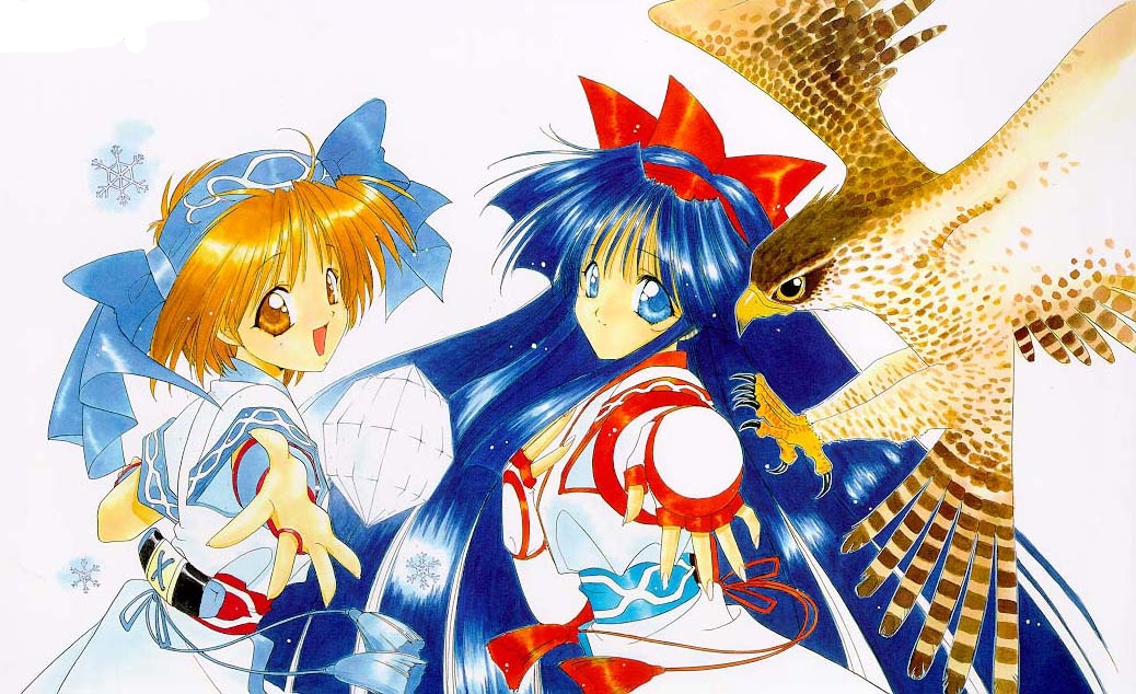 nanase aoi, mamahaha, nakoruru, rimururu, angel flavor, samurai spirits, artbook, 1990s (style), 2girls, bird, bow, falcon, gloves, hair bow, jewelry, multiple girls, red bow, retro artstyle, ring, siblings, sisters, snow, snowflakes