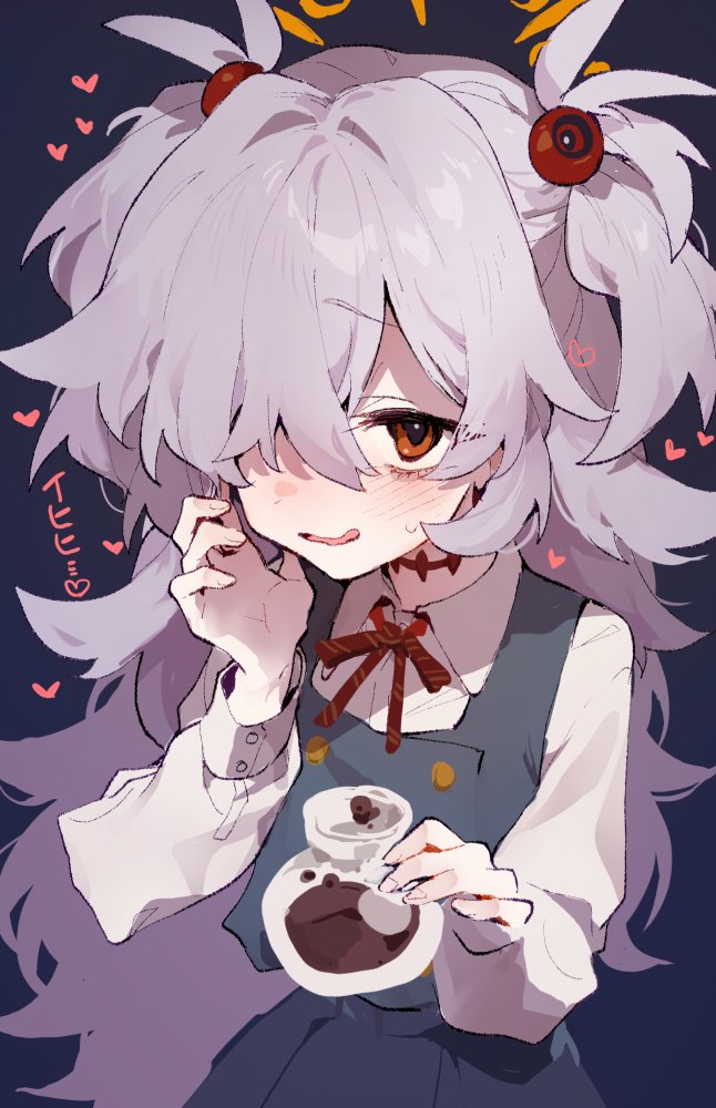 rimukoro, kanoe (blue archive), blue archive, 1girl, bags under eyes, collared shirt, dress, flask, food, grey dress, grey hair, hair over one eye, halo, heart, hot chocolate, long sleeves, looking at viewer, marshmallow, neck ribbon, open mouth, orange eyes, pale skin, pinafore dress, red ribbon, ribbon, shirt, sleeveless, sleeveless dress, smile, solo, sweatdrop, two side up, white shirt