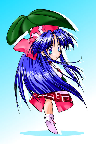 nakoruru, samurai spirits, 1girl, blue background, blue eyes, blush, bow, dress, female focus, full body, gradient background, hair bow, holding, holding umbrella, leaf umbrella, long hair, long sleeves, looking at viewer, looking back, no shoes, parted bangs, pink bow, shoes, solo, tareme, umbrella, very long hair, white dress, white shoes