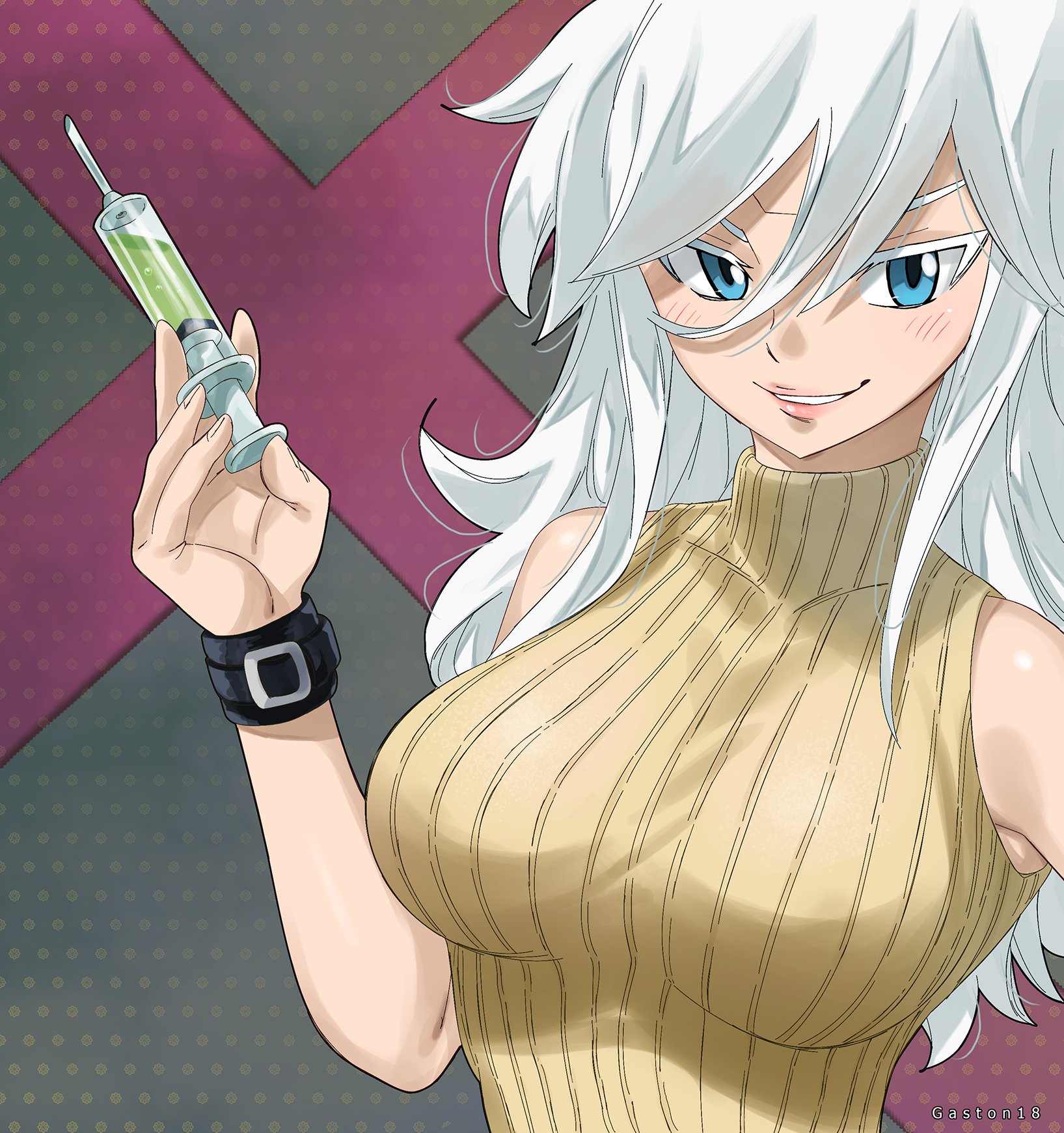 gaston18, sister ivry, eden's zero, highres, 1girl, artist name, blue eyes, breasts, holding, holding syringe, large breasts, long hair, long sleeves, looking at viewer, ribbed sweater, sleeveless, sleeveless sweater, solo, sweater, syringe, upper body, white hair, yellow sweater