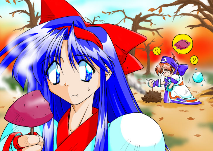 nakoruru, rimururu, samurai spirits, 2girls, ?, bare tree, blue eyes, blue hair, bow, day, food, long hair, multiple girls, outdoors, red bow, roasted sweet potato, siblings, sisters, spoken object, spoken question mark, sweet potato, tree
