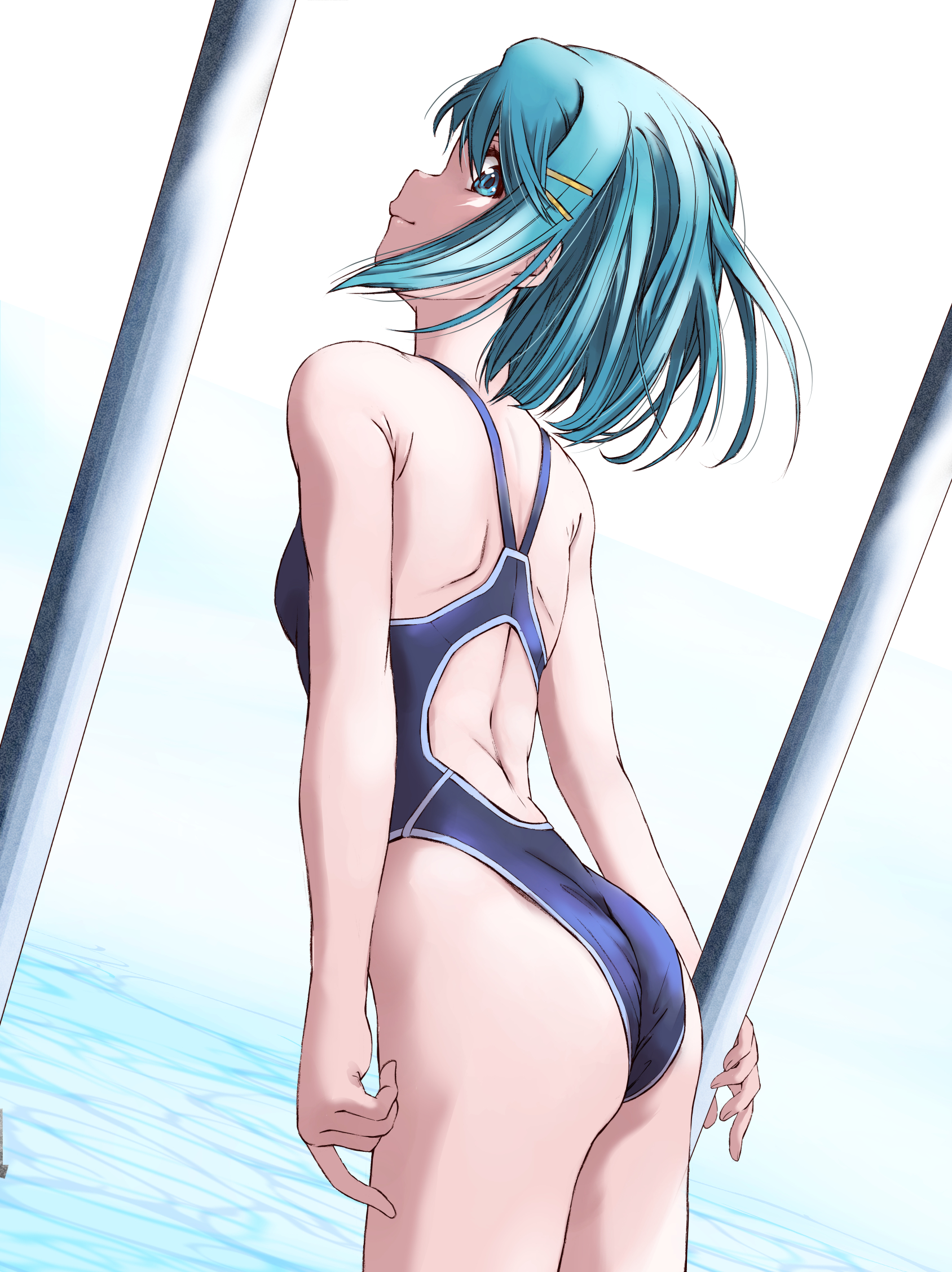 marutaya, miki sayaka, mahou shoujo madoka magica, mahou shoujo madoka magica (anime), commentary, highres, 1girl, ass, back, back cutout, blue eyes, blue hair, blue one-piece swimsuit, closed mouth, clothing cutout, competition swimsuit, fortissimo, from behind, hair ornament, looking to the side, musical note, musical note hair ornament, one-piece swimsuit, profile, racerback, short hair, shoulder blades, smile, solo, standing, swimsuit, water