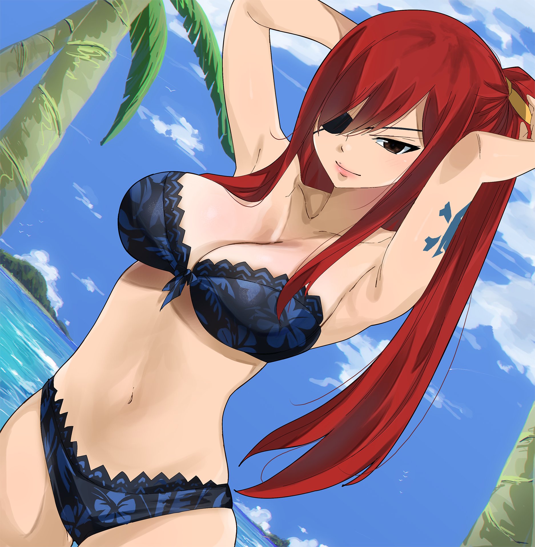 gaston18, elsie crimson, eden's zero, highres, 1girl, arm tattoo, arms up, beach, bikini, blue bikini, blue sky, blue tattoo, breasts, cleavage, day, eyepatch, large breasts, long hair, navel, outdoors, palm tree, ponytail, red hair, sky, solo, swimsuit, tattoo, tree