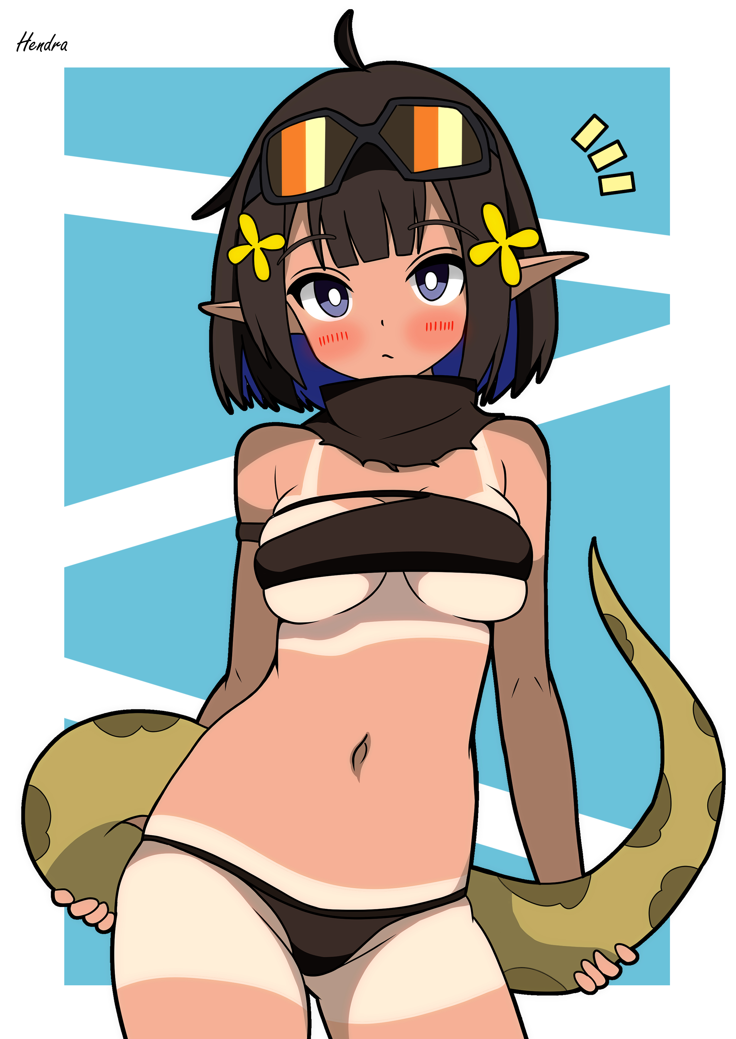 hendra, eunectes (arknights), arknights, absurdres, highres, 1girl, black hair, breasts, goggles, goggles on head, looking at viewer, navel, pointy ears, snake tail, solo, tail, tan, tanline