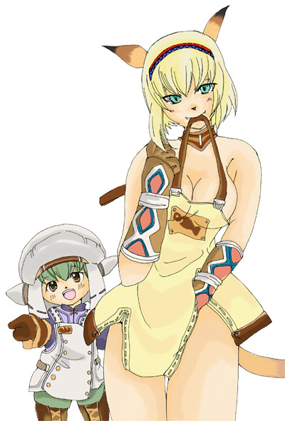 mithra (ff11), final fantasy, final fantasy xi, 00s, 1girl, androgynous, animal ears, apron, blonde hair, breasts, brown eyes, cat girl, green eyes, green hair, hairband, large breasts, nude, tail, tarutaru