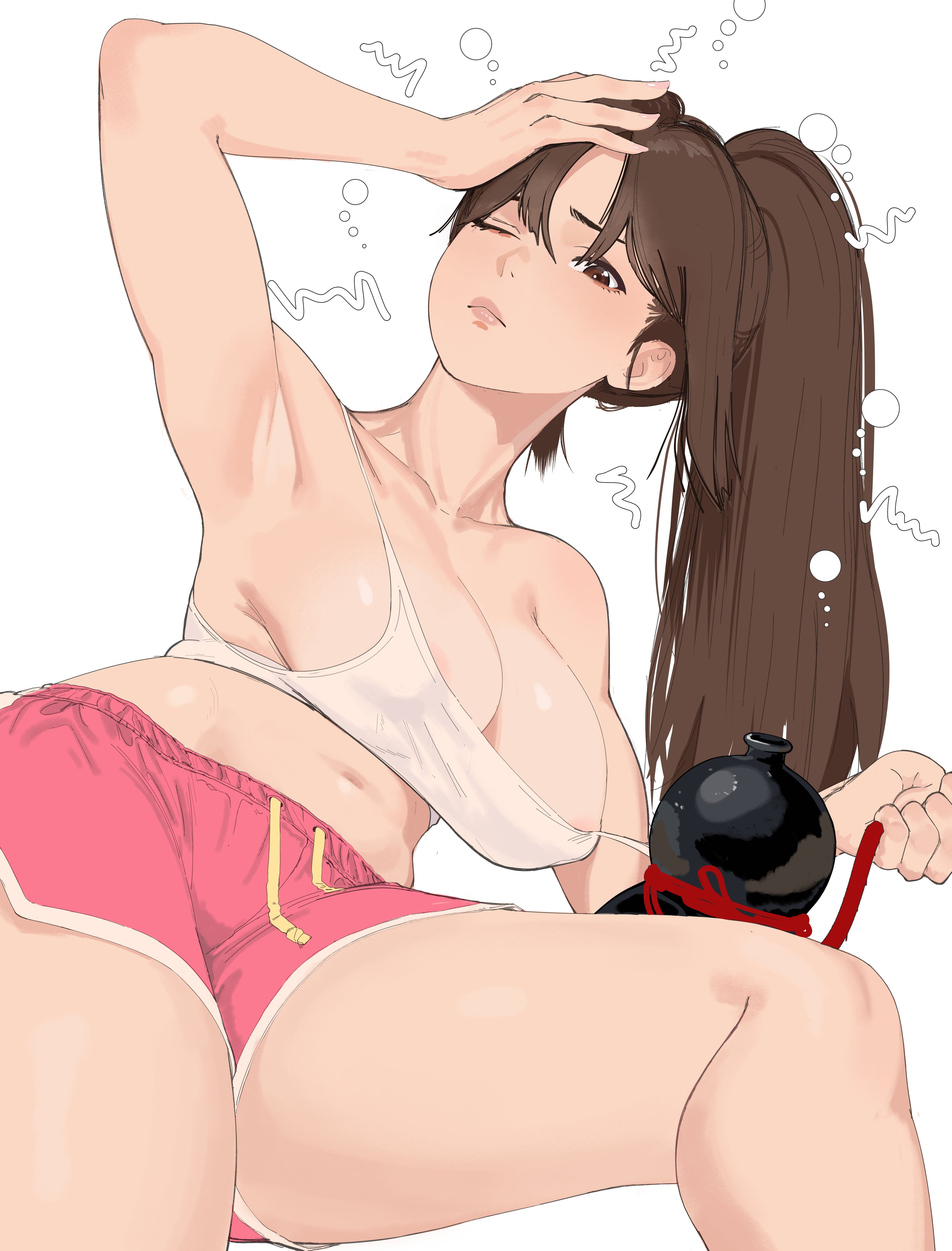 caprara, shiranui mai, fatal fury, street fighter, street fighter 6, absurdres, commentary, english commentary, highres, 1girl, areola slip, bare shoulders, breasts, brown eyes, brown hair, cleavage, collarbone, dolphin shorts, drunk, high ponytail, large breasts, long hair, looking at viewer, official alternate costume, one eye closed, pink shorts, ponytail, shorts, simple background, single off shoulder, solo, tank top, thighs, white background, white tank top