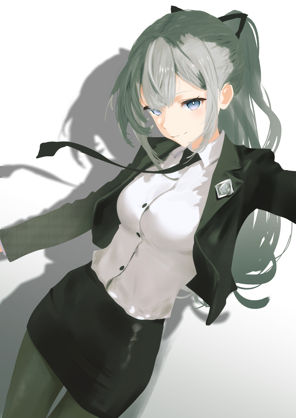 cohi27151463, vestia zeta, vestia zeta (businesswoman), hololive, hololive indonesia, hashtag-only commentary, highres, 1girl, badge, black jacket, black necktie, black pantyhose, black skirt, black suit, blue eyes, breasts, collared shirt, double-parted bangs, dress shirt, formal clothes, grey hair, hair ribbon, high ponytail, jacket, lapels, light smile, long hair, looking at viewer, medium breasts, miniskirt, necktie, notched lapels, office lady, official alternate costume, official alternate hairstyle, open clothes, open jacket, pantyhose, pencil skirt, ponytail, ribbon, shadow, shirt, shirt tucked in, simple background, skirt, solo, suit, suit jacket, virtual youtuber, white shirt