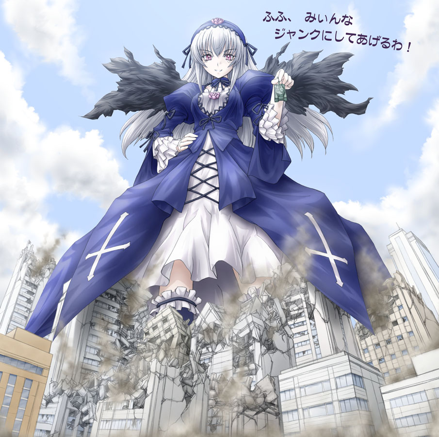 eichikei (hakuto), suigintou, rozen maiden, vehicle, translated, 00s, 1girl, collateral damage, crushing, destruction, female focus, giant, giantess, kaiju, military, military vehicle, motor vehicle, solo, tank, wings