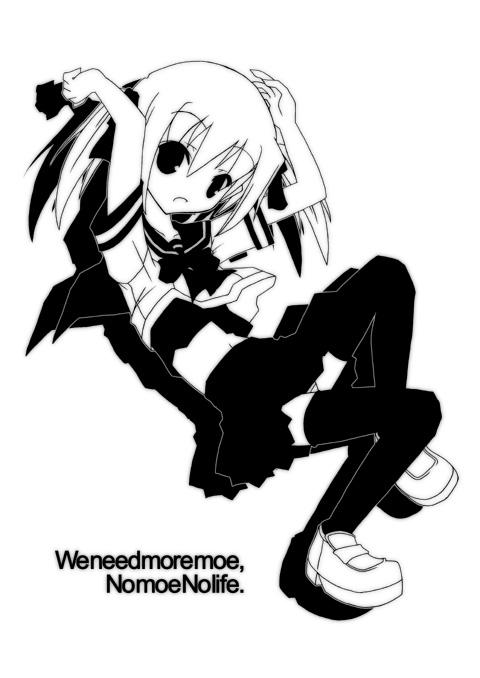 1girl, english text, female focus, greyscale, moe (phrase), monochrome, school uniform, serafuku, solo, thighhighs