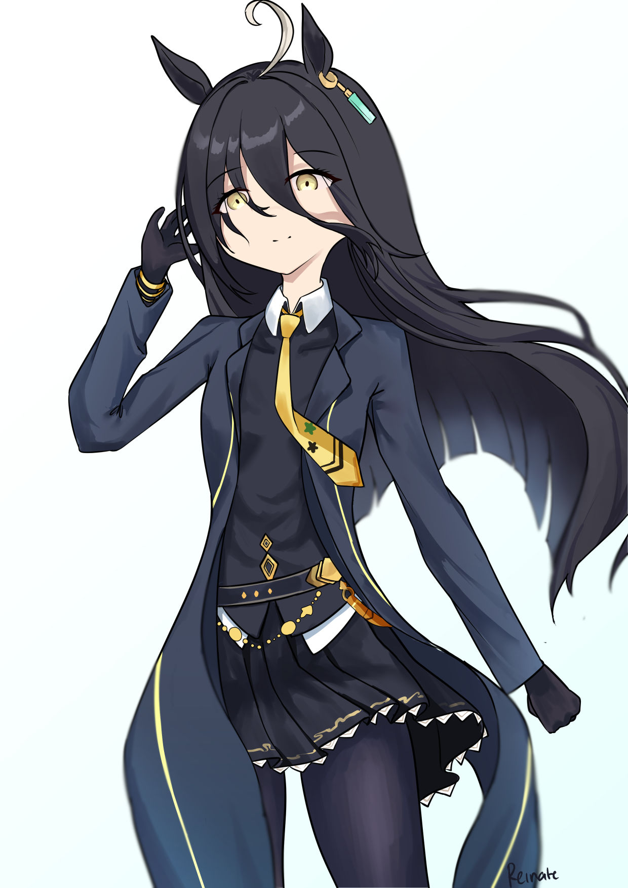 manhattan cafe (umamusume), umamusume, highres, 1girl, ahoge, animal ears, artist name, black coat, black gloves, black hair, black pantyhose, black skirt, black vest, closed mouth, coat, collared shirt, ear ornament, ear tag, earrings, floating hair, gloves, grey hair, hair between eyes, hand up, hem peeking out, horse ears, horse girl, jewelry, long hair, long hair between eyes, long sleeves, multicolored hair, necktie, open clothes, open coat, pantyhose, pleated skirt, reinate, shirt, signature, simple background, single earring, skirt, smile, solo, very long hair, vest, white background, white shirt, yellow eyes, yellow necktie