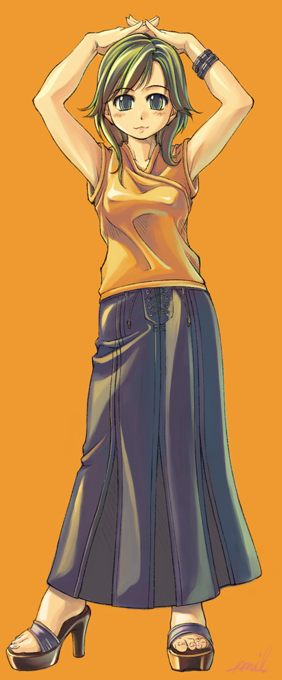 mil (xration), 1girl, bracelet, female focus, green eyes, green hair, high heels, jewelry, long skirt, matching hair/eyes, shoes, short hair, skirt, solo, standing