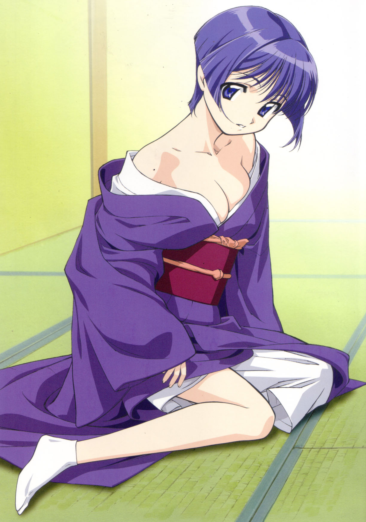 fumizuki kou, sakuraba aoi, ai yori aoshi, white legwear, highres, scan, 1girl, bare shoulders, blue eyes, blue hair, breasts, cleavage, collarbone, female focus, full body, head tilt, indoors, japanese clothes, kimono, large breasts, legs folded, long legs, long sleeves, looking at viewer, matching hair/eyes, mole, mole on shoulder, obi, off shoulder, parted lips, sash, short hair, sitting, solo, tabi, tatami, yokozuwari