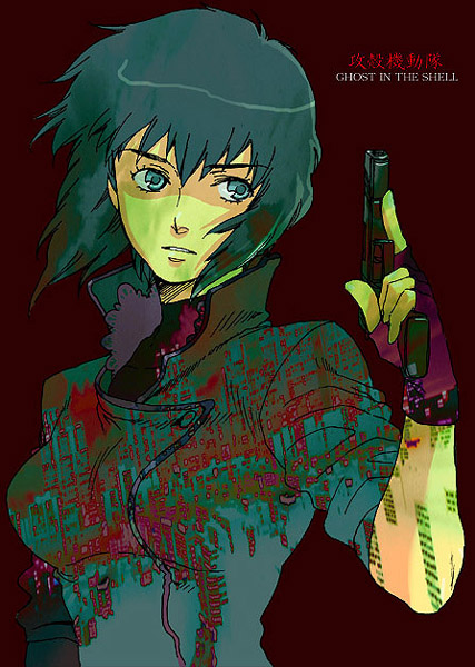 gon, kusanagi motoko, ghost in the shell, looking away, 1girl, blue eyes, blue hair, breasts, coat, female focus, fingerless gloves, gloves, gun, handgun, matching hair/eyes, pistol, solo, upper body, weapon
