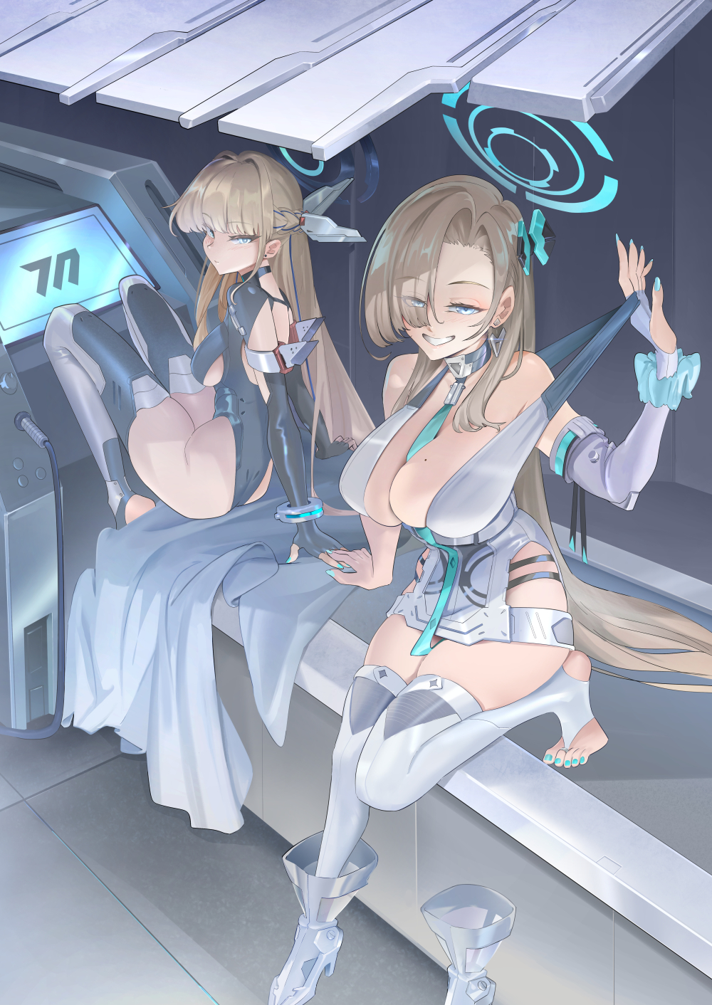 s87074877, asuna (blue archive), toki (blue archive), blue archive, highres, 2girls, bare back, bare shoulders, black gloves, black leotard, black thighhighs, blonde hair, blue eyes, blue hair, blue halo, blue necktie, blush, braid, breasts, choker, cleavage, dress, earrings, elbow gloves, fingerless gloves, gloves, grin, groin, hair ornament, hair over one eye, half up braid, halo, jewelry, large breasts, leotard, long hair, looking at viewer, medium breasts, mole, mole under eye, multicolored hair, multiple girls, necktie, scrunchie, shoes, sitting, skindentation, smile, streaked hair, thighhighs, thighs, very long hair, white dress, white gloves, white shoes, white thighhighs, wrist scrunchie