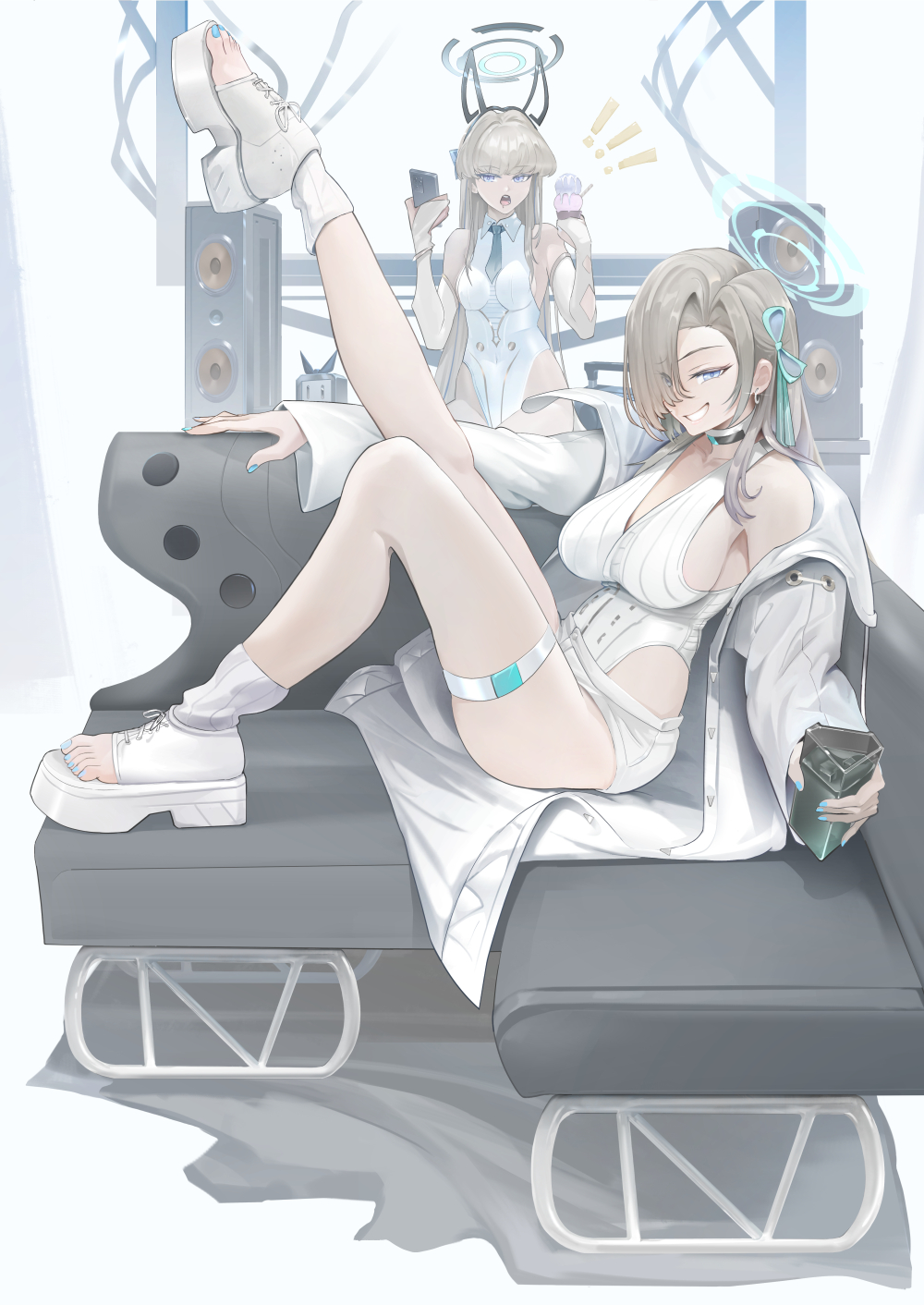 s87074877, asuna (blue archive), toki (blue archive), blue archive, highres, 2girls, alternate costume, amplifier, animal ears, blonde hair, blue eyes, blue halo, blue nails, breasts, cellphone, chair, cup, elbow gloves, feet on chair, food, glass, gloves, grin, hair over one eye, halo, highleg, highleg leotard, holding, holding cup, holding food, holding ice cream, holding phone, ice cream, ice cream cone, jacket, large breasts, leg up, leotard, long hair, multiple girls, multiple scoops, nail polish, necktie, phone, playboy bunny, rabbit ears, shorts, sideboob, sitting, smartphone, smile, speaker, thigh strap, toenail polish, toenails, white gloves, white jacket, white leotard, white shorts