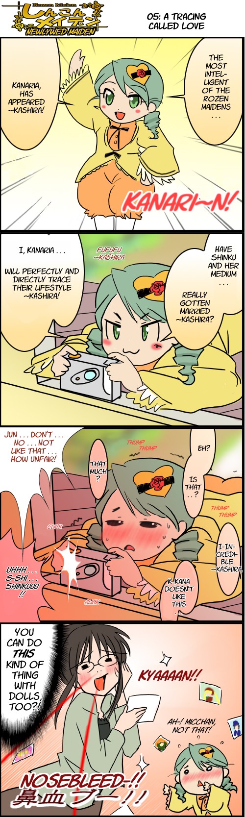 kanaria, kusabue mitsu, rozen maiden, artist request, hard-translated, highres, long image, tall image, third-party edit, translated, 00s, 2girls, 4koma, blood, blush, camera, comic, english text, multiple girls, nosebleed, photo (object)