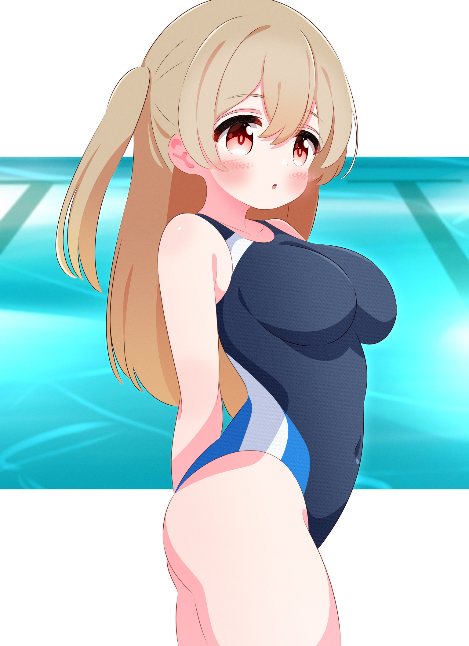 r245, character request, copyright request, highres, 1girl, black one-piece swimsuit, blush, breasts, brown eyes, brown hair, competition swimsuit, covered navel, cowboy shot, large breasts, long hair, looking at viewer, one-piece swimsuit, pool, side ponytail, smile, solo, swimsuit, two-tone swimsuit, water