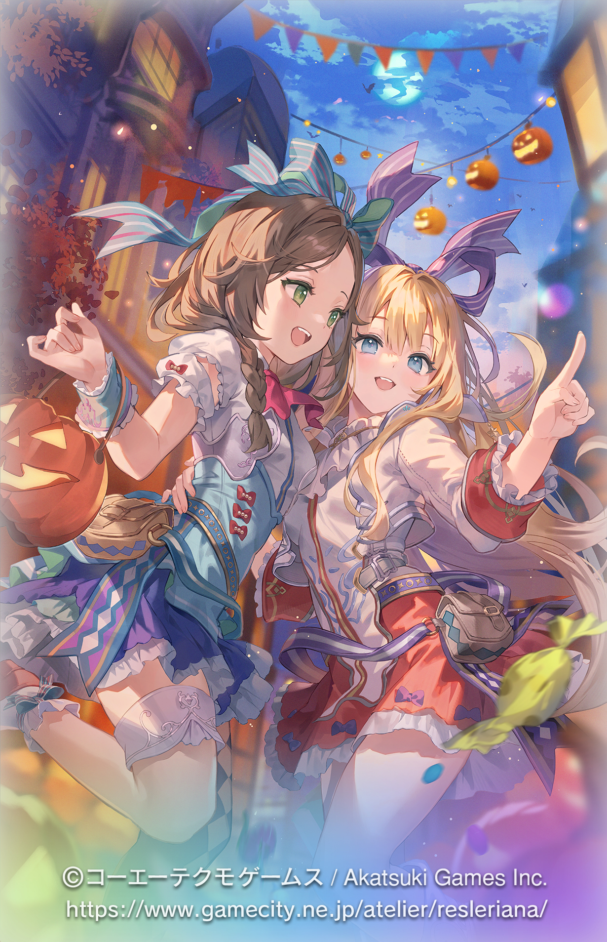 yeonwa, firis mistlud, ilmeria von leinweber, atelier (series), atelier firis, atelier resleriana, commentary request, highres, official art, 2girls, blonde hair, blue bow, blue eyes, bow, breasts, brown hair, building, candy wrapper, cloud, frilled skirt, frilled sleeves, frills, full moon, green eyes, hair bow, halloween bucket, jack-o'-lantern, long sleeves, moon, multiple girls, night, night sky, outdoors, pennant, puffy short sleeves, puffy sleeves, purple bow, purple skirt, red shoes, red skirt, shirt, shoes, short sleeves, skirt, sky, small breasts, socks, standing, standing on one leg, string of flags, striped bow, watermark, web address, white shirt, white socks, window, wrist cuffs