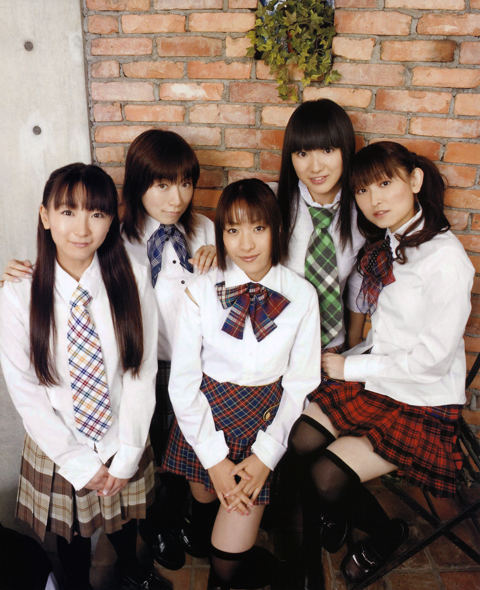 asano masumi, horie yui, shintani ryouko, tamura yukari, ueda kana, real life, highres, photo (medium), 5girls, asian, multiple girls, over-kneehighs, pleated skirt, real life insert, school uniform, serafuku, skirt, thighhighs, voice actor