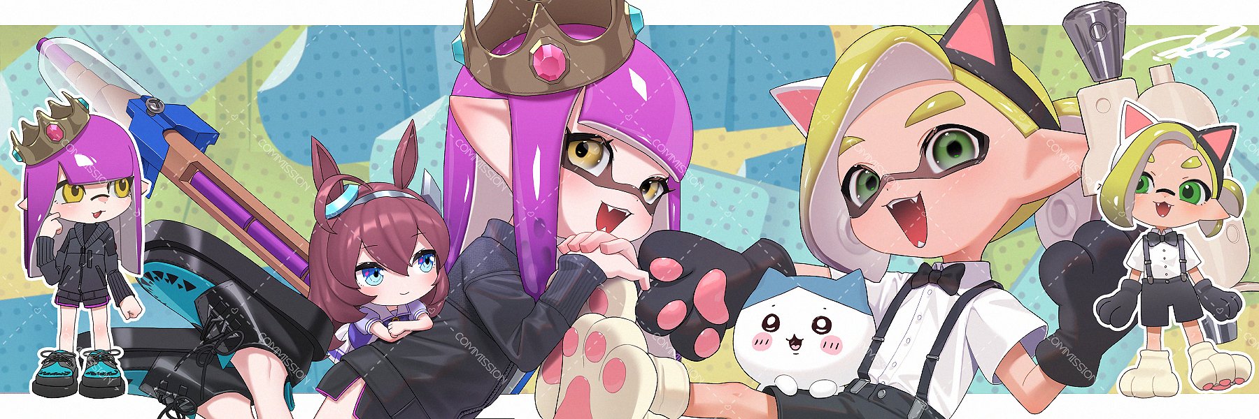 puchiman, inkling boy, inkling girl, inkling player character, mihono bourbon (umamusume), nintendo, splatoon (series), umamusume, commentary, commission, highres, symbol-only commentary, 1boy, 2girls, animal ear hairband, animal ears, animal hands, black bow, black bowtie, black gloves, black jacket, black shoes, black shorts, blonde hair, bow, bowtie, cat ear hairband, cat ears, chibi, chibi inset, collared shirt, crossover, crown, dress shirt, fake animal ears, fangs, gloves, green eyes, hairband, holding, holding weapon, inkling, jacket, long hair, long sleeves, looking at viewer, medium hair, mini person, minigirl, multiple girls, open mouth, order shot (splatoon), parted bangs, paw gloves, paw shoes, pointy ears, ponytail, purple hair, shirt, shoes, short sleeves, shorts, smile, snipewriter (splatoon), suspender shorts, suspenders, tentacle hair, tilted headwear, watermark, watermark grid, weapon, white shirt, white shoes, yellow eyes