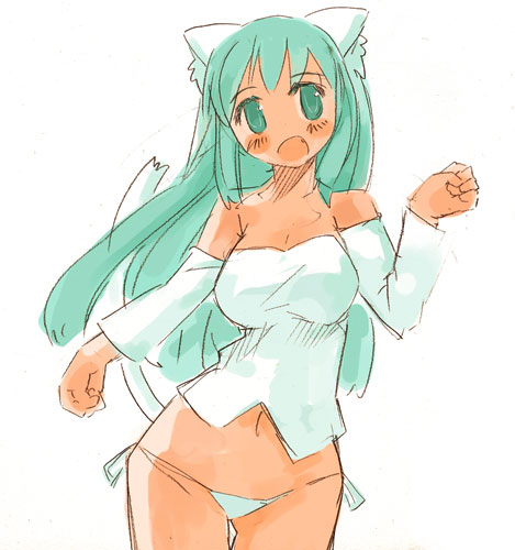 momiji mao, lowres, animal ears, aqua eyes, aqua hair, detached sleeves, green panties, hip focus, long hair, lowleg, lowleg panties, midriff, panties, solo, standing, tail, thigh gap, thighs, underwear, wide hips