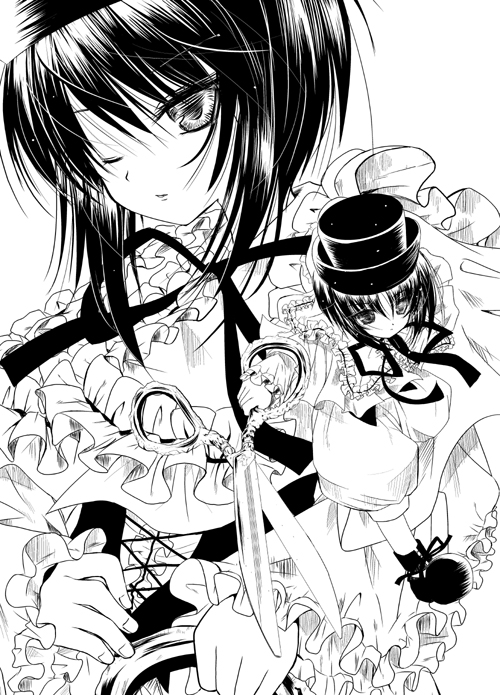 watari masahito, souseiseki, rozen maiden, 00s, 1girl, female focus, greyscale, heterochromia, monochrome, solo