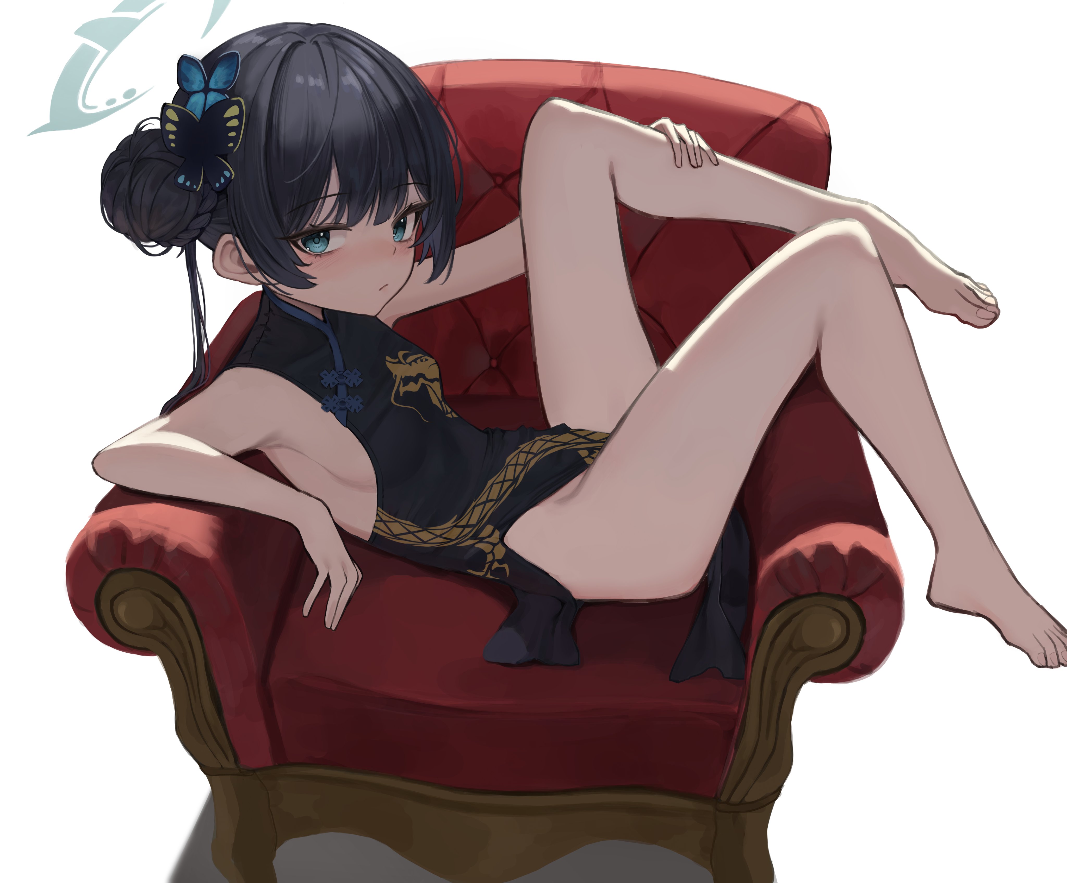 parm, kisaki (blue archive), blue archive, absurdres, highres, 1girl, armpits, barefoot, black butterfly, black dress, black hair, blue butterfly, breasts, bug, butterfly, butterfly hair ornament, china dress, chinese clothes, closed mouth, couch, double-parted bangs, dragon print, dress, expressionless, grey eyes, grey halo, hair bun, hair ornament, halo, hand on own leg, insect, leg up, long hair, looking at viewer, on couch, pelvic curtain, print dress, revealing clothes, short dress, side slit, sideboob, sidelocks, simple background, sitting, sleeveless, sleeveless dress, small breasts, solo, thighs, turtleneck, turtleneck dress, twintails, white background