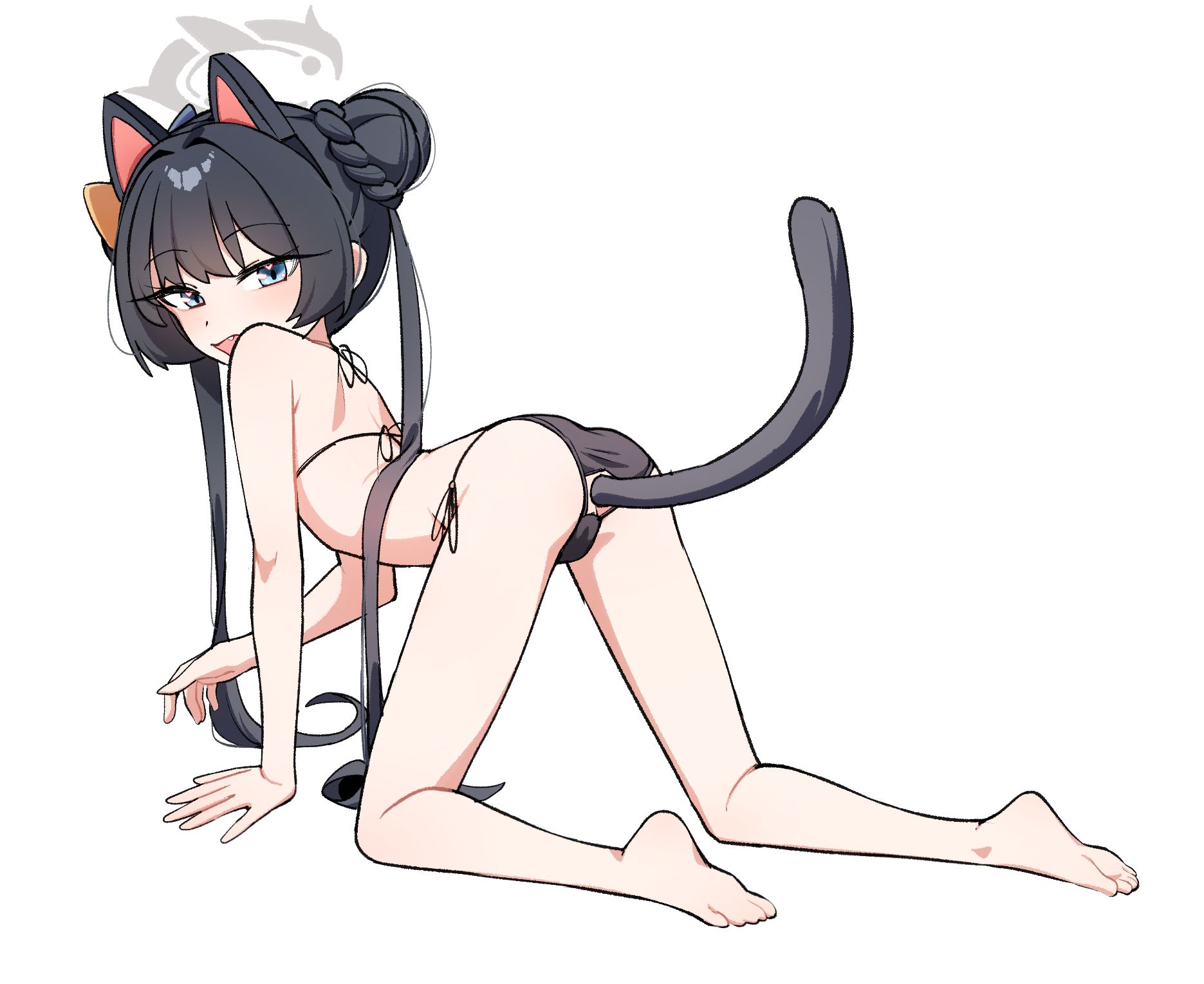 whonyang, kisaki (blue archive), blue archive, highres, 1girl, all fours, anal, anal beads, anal object insertion, anal tail, animal ears, ass, barefoot, bikini, black bikini, black hair, blue eyes, butt plug, cat ears, cat tail, double bun, fake animal ears, fake tail, full body, grey halo, hair bun, halo, long hair, looking at viewer, object insertion, open mouth, side-tie bikini bottom, simple background, smile, solo, swimsuit, tail, twintails, white background