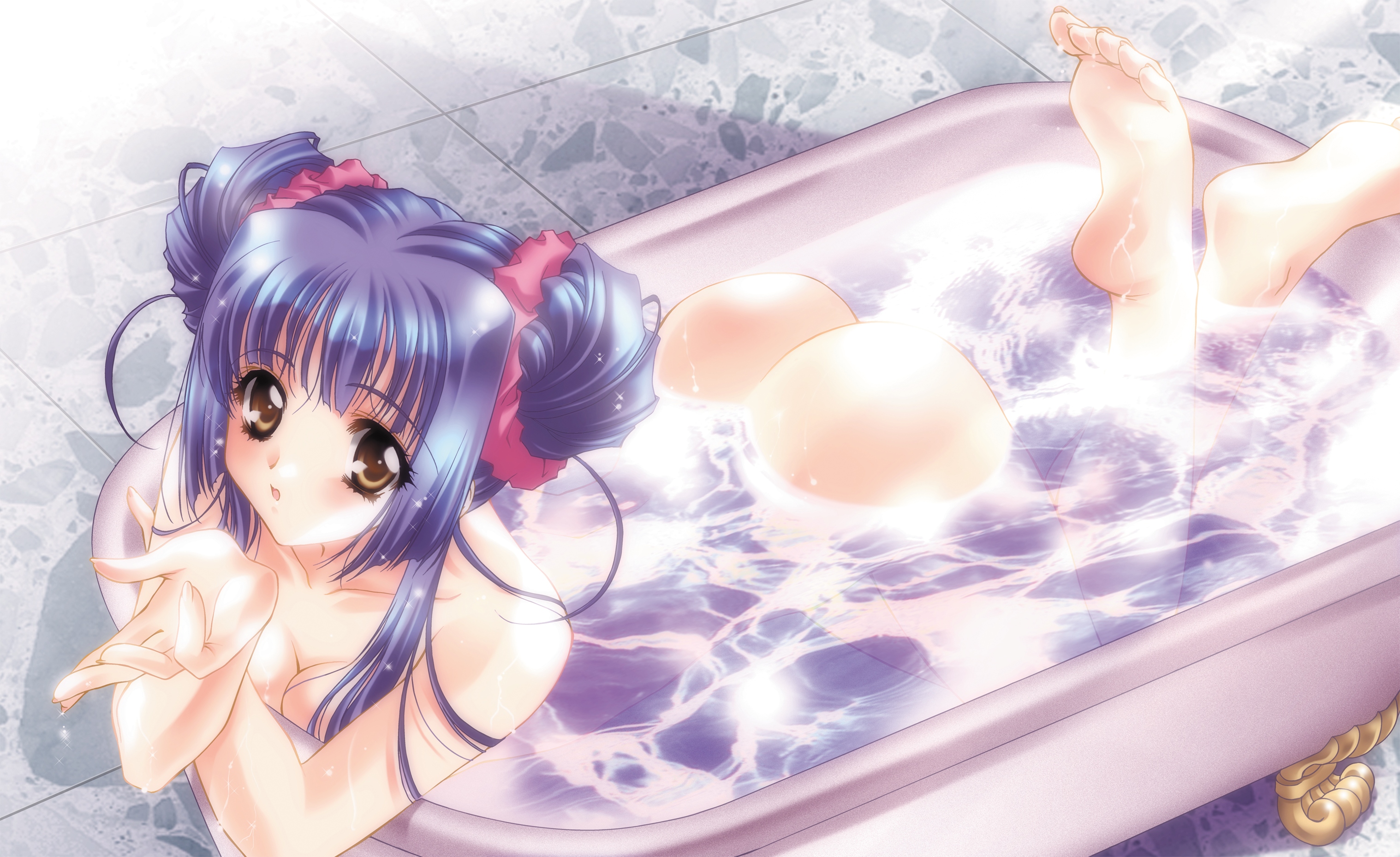 carnelian, kuraki suzuna, kao no nai tsuki, highres, 00s, barefoot, bath, bathtub, breasts, claw foot bathtub, cleavage, feet, nude, soles, solo, toes, water, wet
