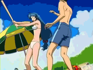 chidori kaname, sagara sousuke, full metal panic!, animated, animated gif, anime screenshot, lowres, non-web source, 00s, 1boy, 1girl, baseball, baseball bat, beach, bikini, day, long hair, low-tied long hair, outdoors, qvga, subtitled, swimsuit, very long hair, violence