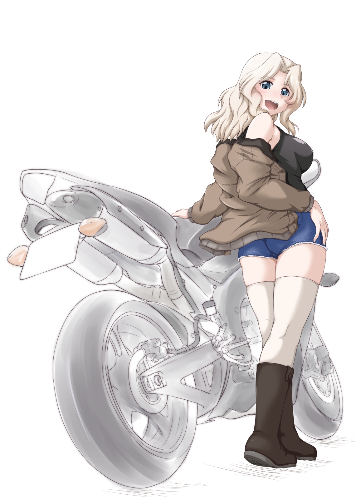 yts takana, kay (girls und panzer), girls und panzer, highres, 1girl, back, black boots, black shirt, blonde hair, blue eyes, blue shorts, blush, boots, braid, breasts, brown jacket, full body, jacket, large breasts, long hair, looking at viewer, looking back, motor vehicle, motorcycle, shirt, short sleeves, shorts, single braid, solo, standing, teeth, thighhighs, upper teeth only, white background, white thighhighs