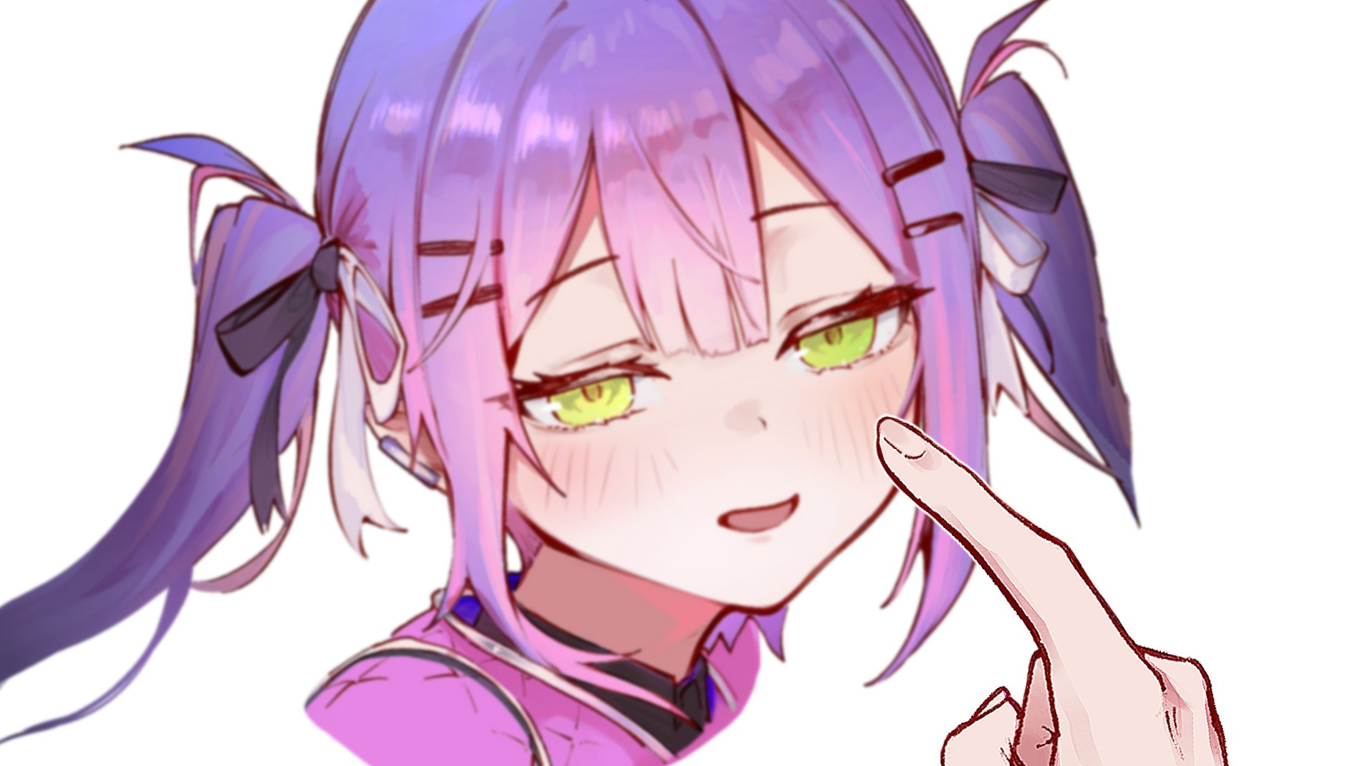 sauce darusungi, tokoyami towa, hololive, commentary, highres, symbol-only commentary, variant set, 1girl, :d, blurry, blurry background, cropped torso, green eyes, hair ornament, hairclip, index finger raised, long hair, looking at viewer, open mouth, parallel hairclips, pov, pov hands, purple hair, smile, solo focus, twintails, virtual youtuber