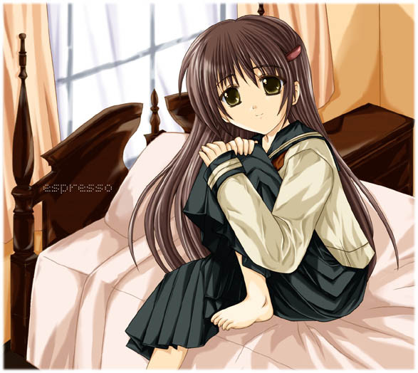 espresso, tsukamichi fumi, original, barefoot, feet, pleated skirt, school uniform, serafuku, skirt, solo, toes